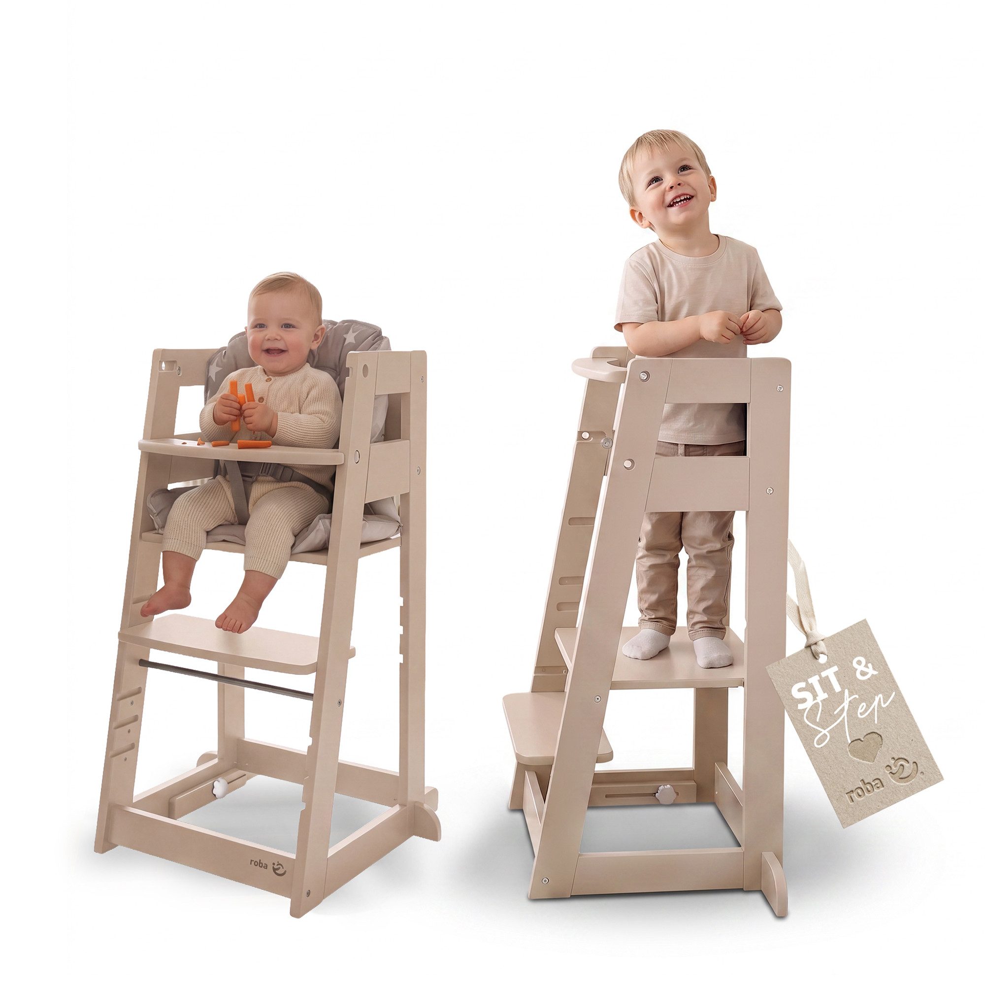 roba® Hochstuhl & Lernturm "2 in 1 Sit & Step" - Aus Holz - Montessori, mit Kippschutz -