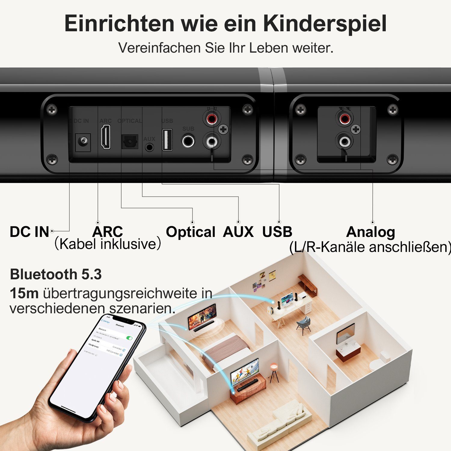 Ultimea Apollo S40 Soundbar 2.2-Kanal (Bluetooth 5.3, 100 W, Teilbare 2-in-1 Soundbar mit 3 EQ-Modi und verstellbarem Bass) – Bild 3 von 5