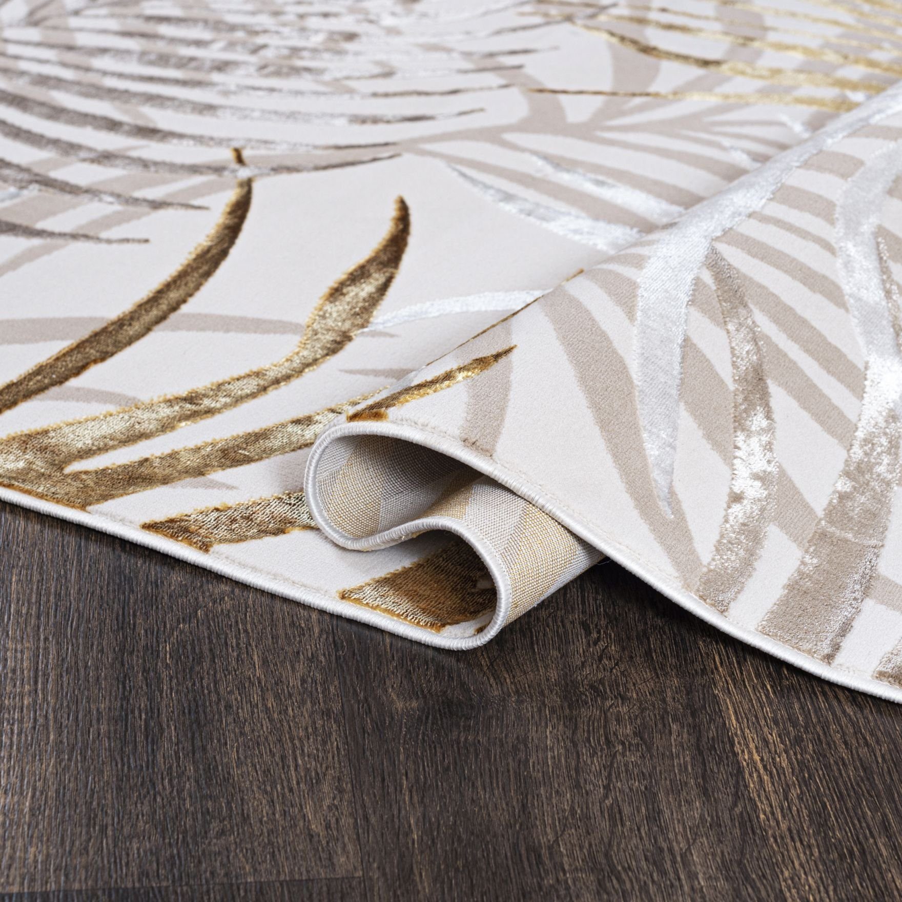 Mazovia Designteppich Modern Teppich für Wohnzimmer- Beige Creme mit Gold, 80 x 150 cm, Glänzende,Palmenzweige Feder,Modern,Höhe 10 mm,Weich,Pflegeleicht – Bild 3 von 5