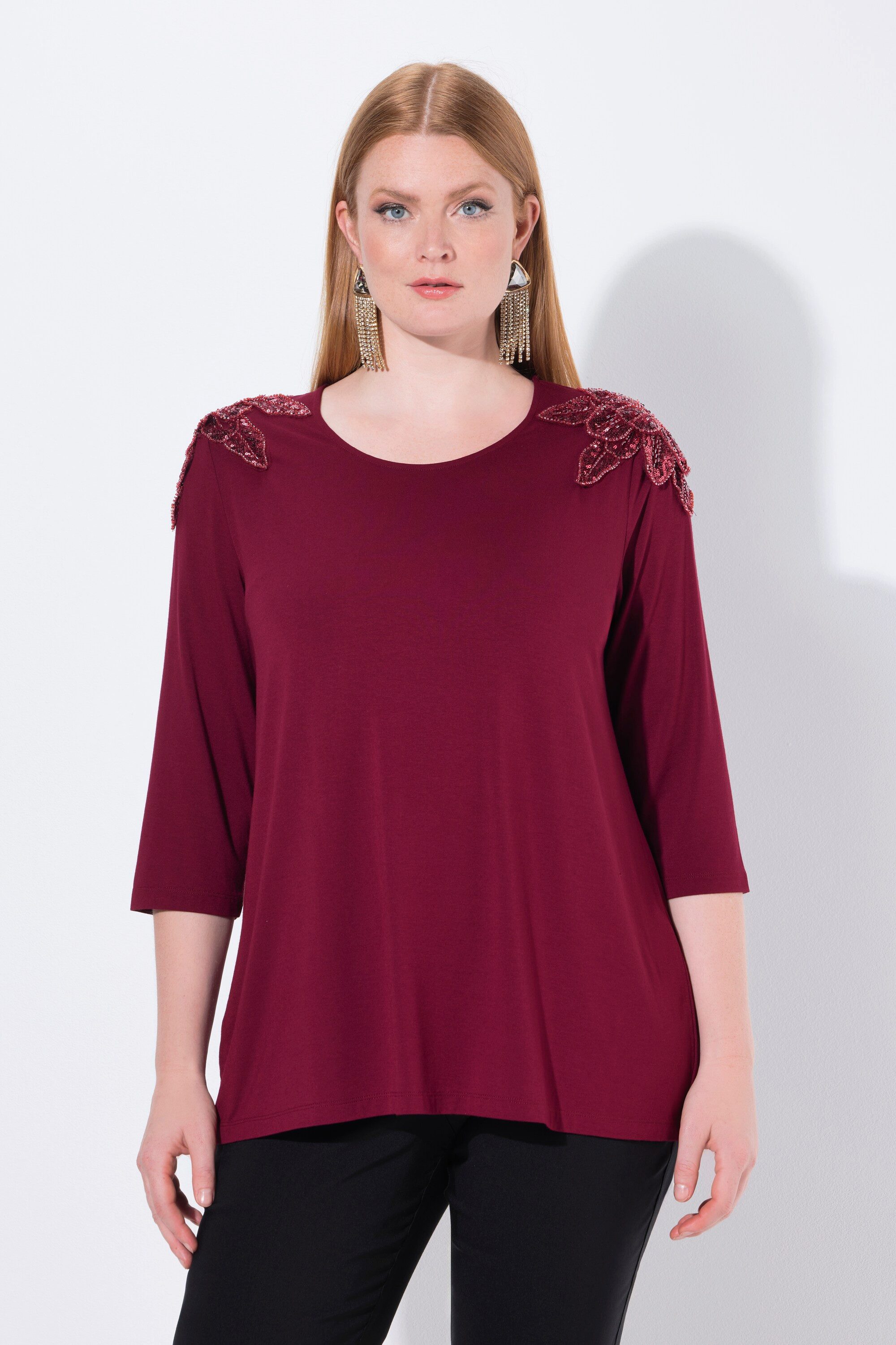 Ulla Popken Longsleeve Shirt Pailletten-Blüten A-Linie Rundhals 3/4-Arm günstig online kaufen