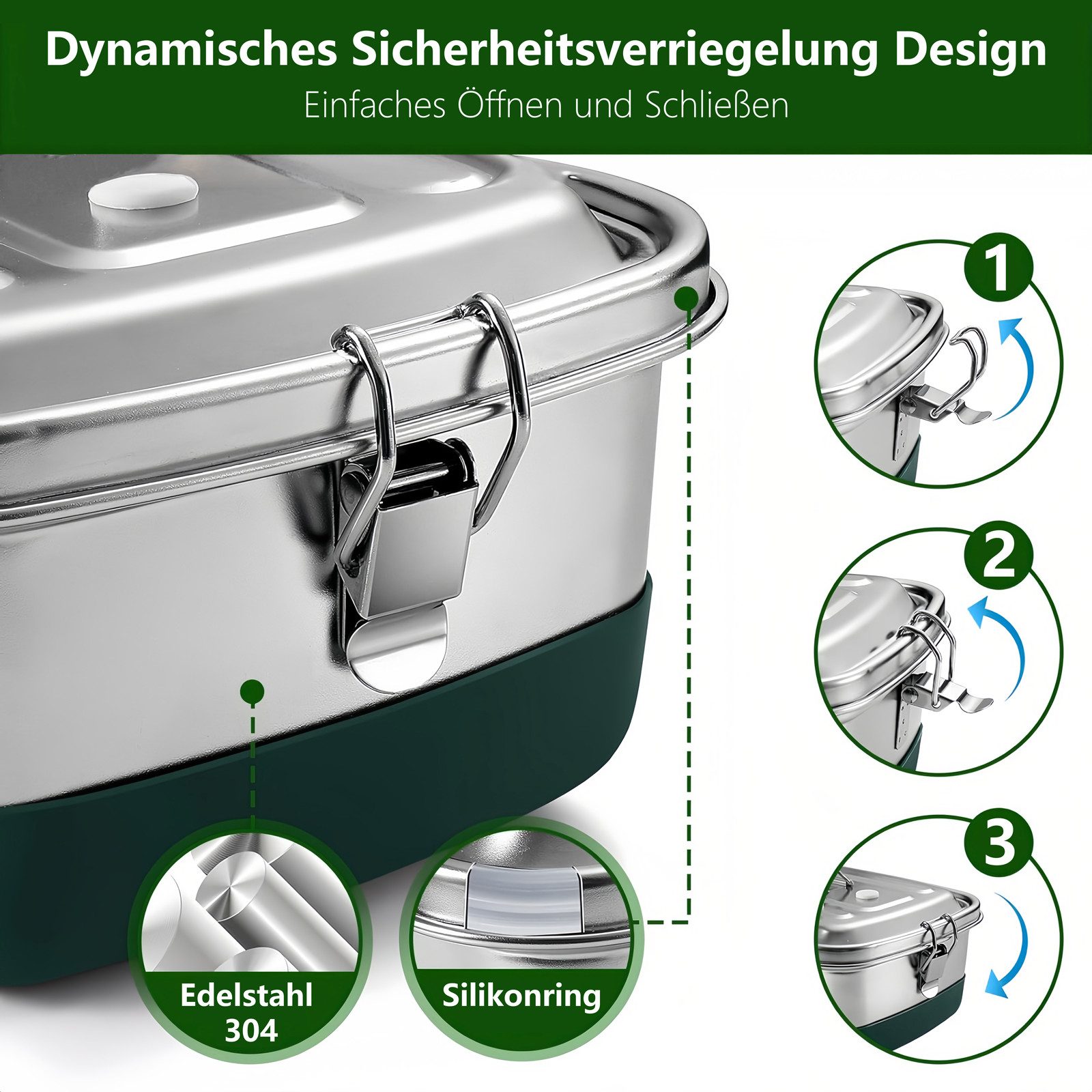 PFCTART Lunchbox Edelstahl Brotdose 2000 ml mit 3 Fächern, Lunchbox Bento Box, Edelstahl 304, (Set, 1-tlg., 2-lagig, 3 Fächer, Bento Box für Arbeit, Schule & Picknick), 304 Edelstahl, auslaufsicher, BPA-frei, spülmaschinengeeignet