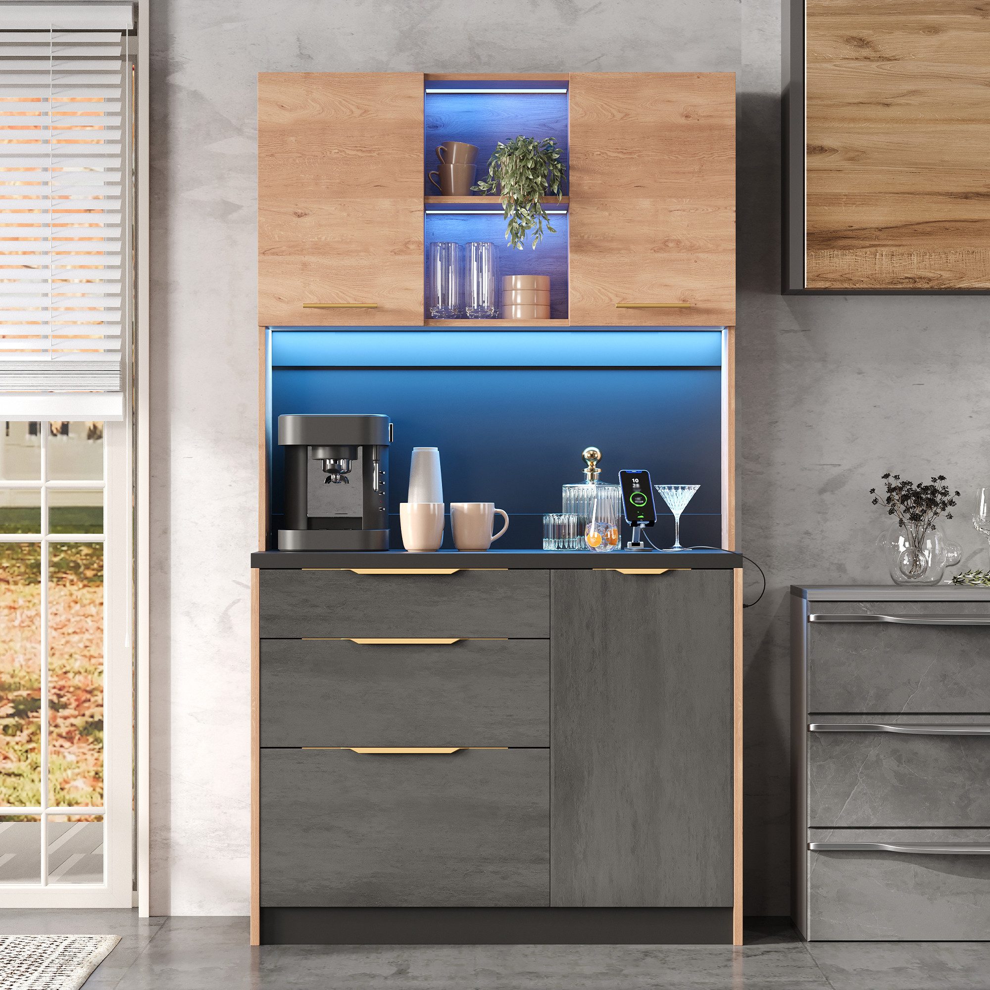 Flieks Küchenbuffet mit Steckdosen und LED-Beleuchtung, Holzoptik&Zementstrukturoptik (1-St., 100×40×180 cm) Küchenschrank Hochschrank mit schwarzer Arbeitsplatte und Schubladen