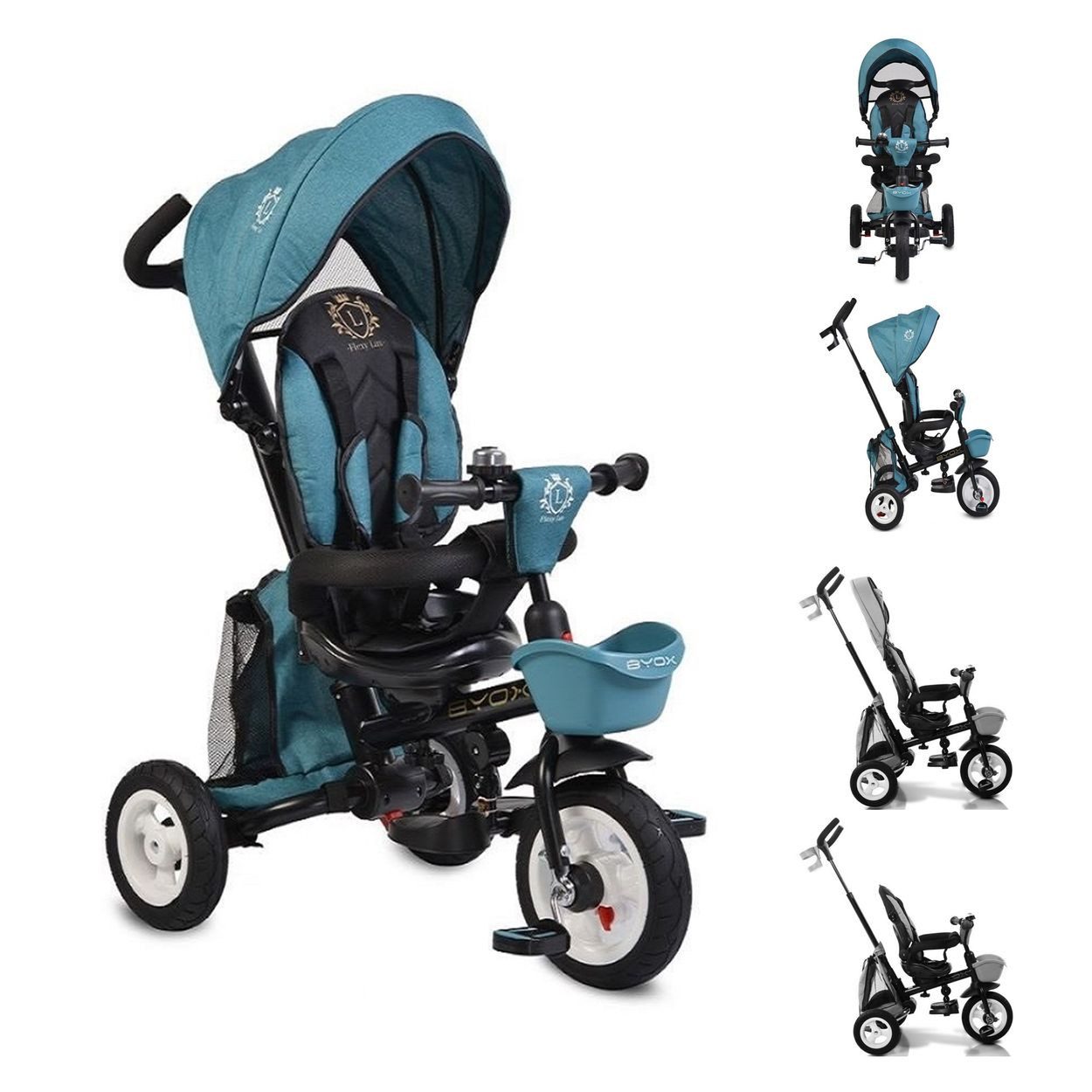 Byox Dreirad Flexy Lux 3 in 1, Gummireifen, 360° drehbarer Sitz, Sonnendach, Getränkehalter