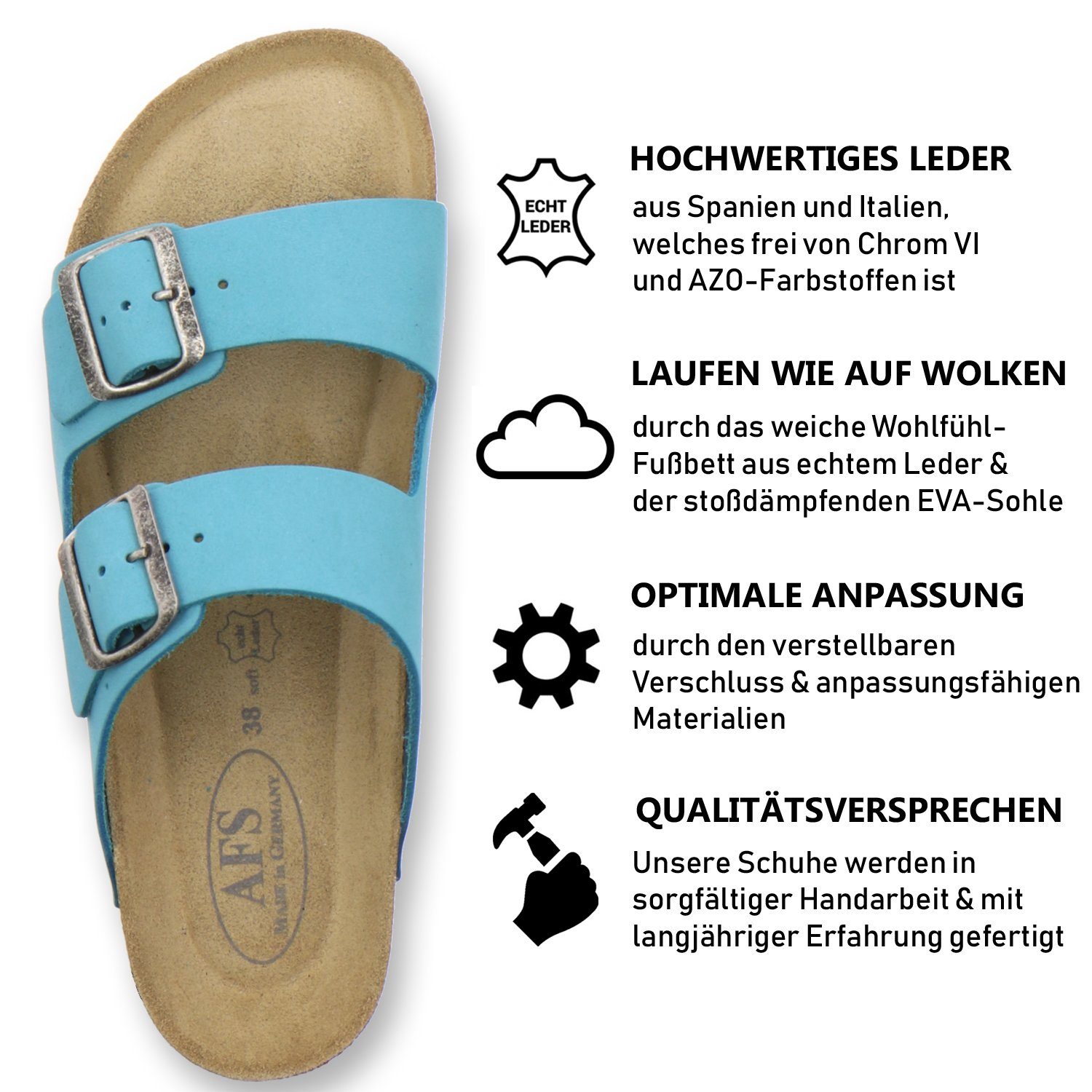 in Made Leder Pantolette Fussbett, Germany aus für AFS-Schuhe türkis 2100 mit Damen Nubuk