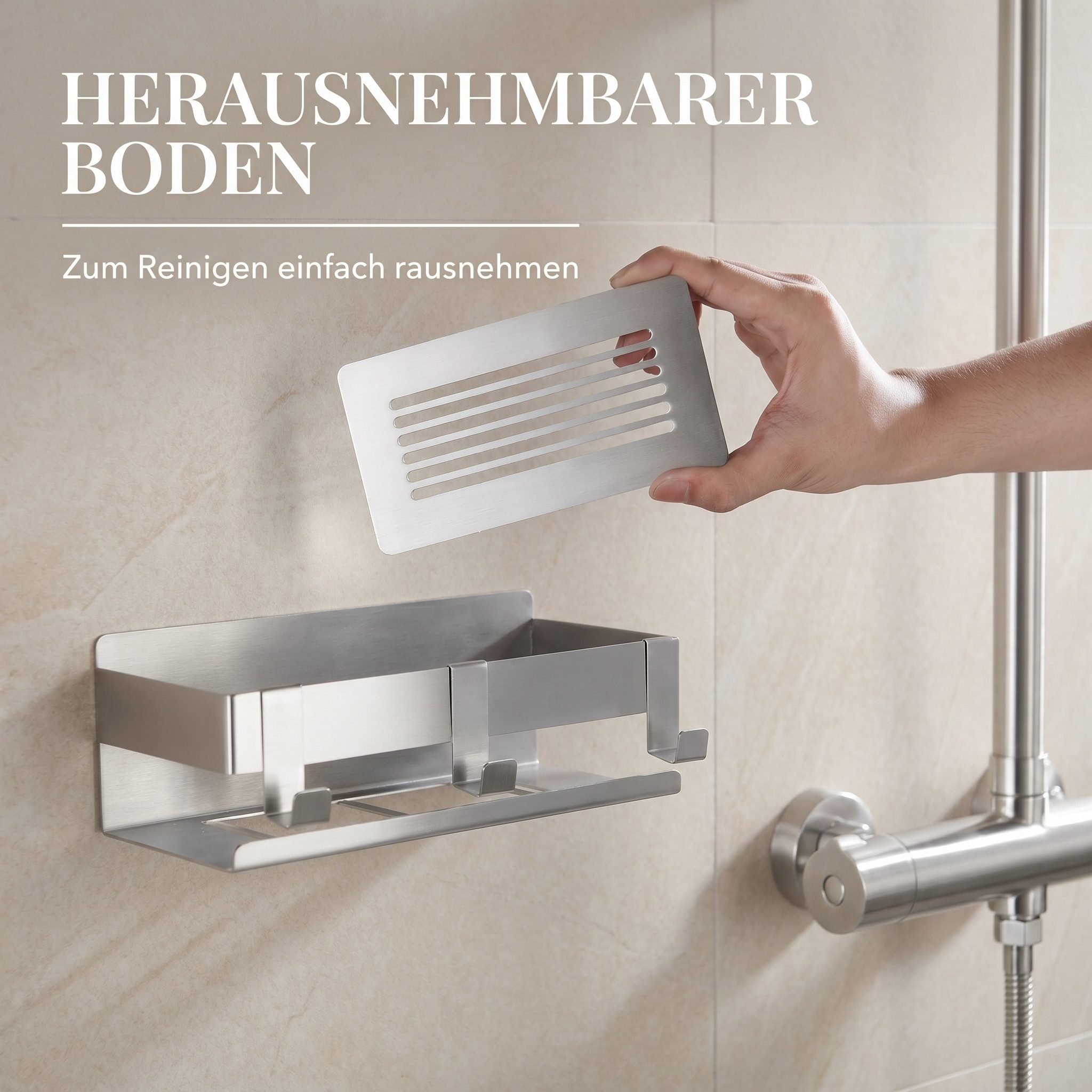 DEKAZIA Duschablage ohne Bohren, Selbstklebender Duschkorb, Duschregal Edelstahl, selbstklebend, 5 Farben erhätlich, inkl. Klebeset & 3 Haken, Badezimmerregal, Bad Regal,Aufbewahrung Bad, Duschzubehör