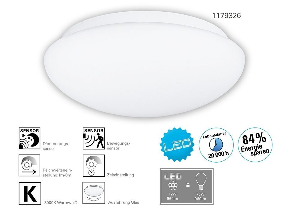 näve LED Deckenleuchte, Bewegungsmelder, Leuchtdauer einstellbar,  Nachtlichtfunktion, LED fest integriert, Kaltweiß, mit Sensor