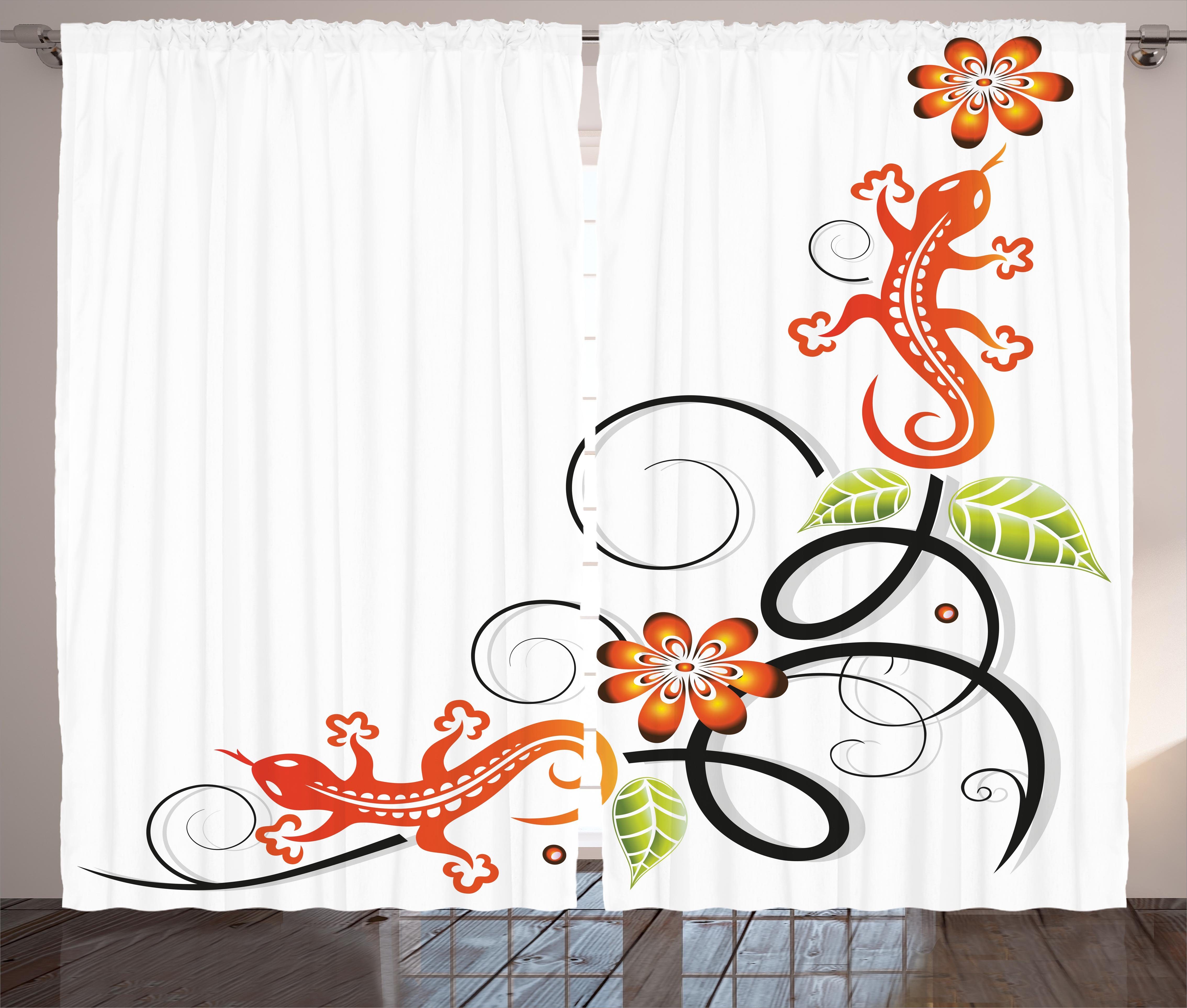 Gardine Schlafzimmer Kräuselband Vorhang mit Schlaufen und Haken, Abakuhaus, orientalisch Baby Lizard und Blumen