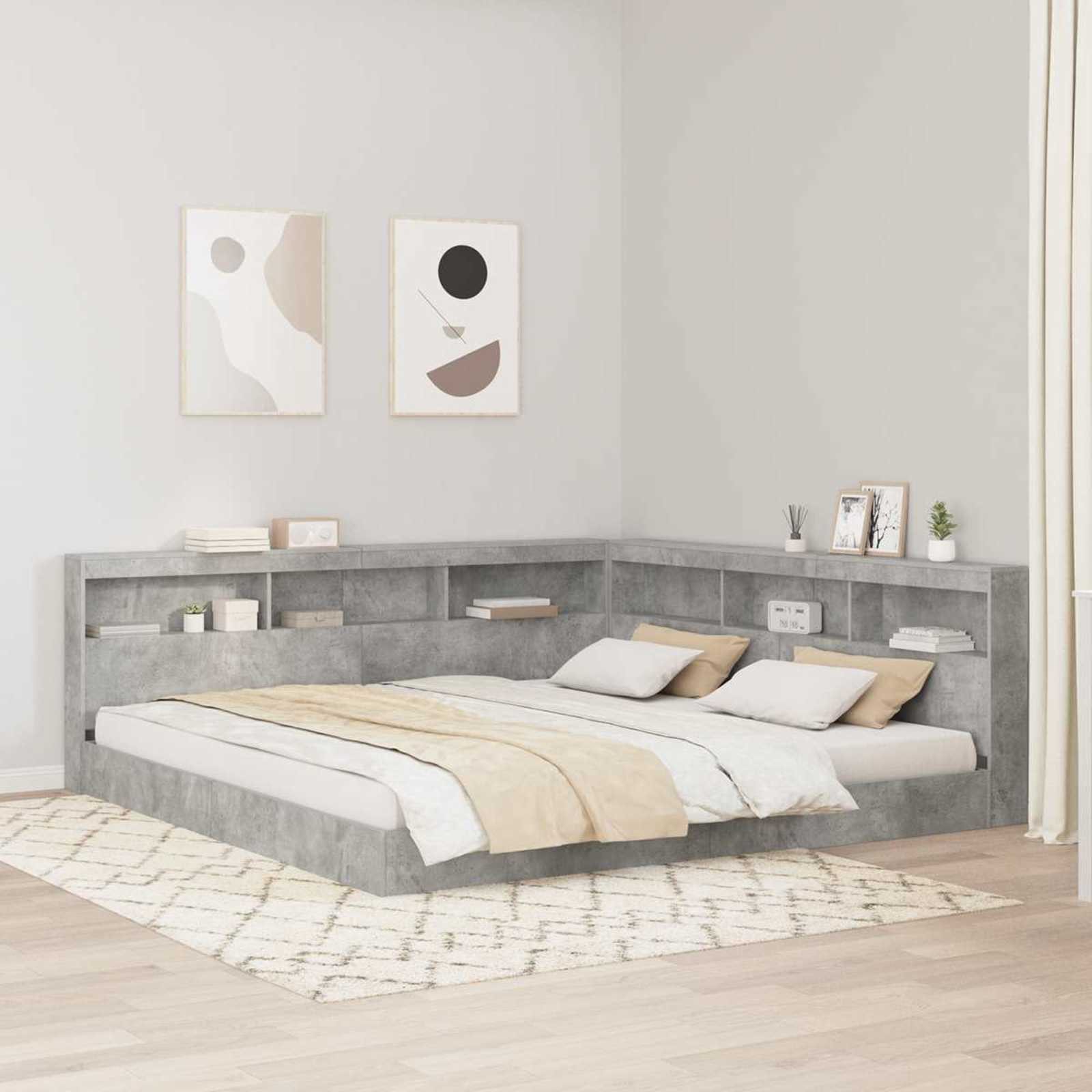 furnicato Bett Bücherregal-217.5 x 197.5 x 76.5 cm Betongrau, L-förmiges Einzelbett mit integriertem Regal für dein Schlafzimmer
