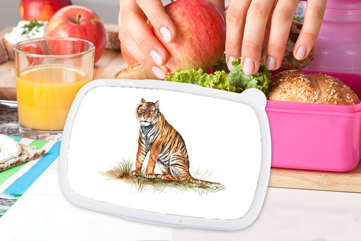 MuchoWow Lunchbox Tiger - - Gras Kinder, Brotbox Orange, Erwachsene, für Kunststoff, Kunststoff rosa Brotdose Snackbox, Mädchen, (2-tlg)