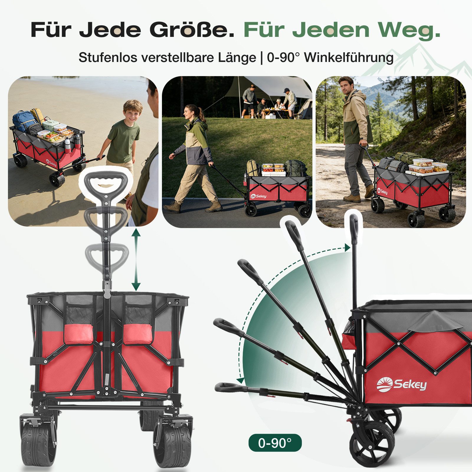 Sekey Bollerwagen Faltbar Handwagen Faltbollerwagen mit extra breiten All-Terrain-Rädern, XXL Plus Bollerwagen 200L 200KG Belastbar, 4-Wege-Sofortaufbau
