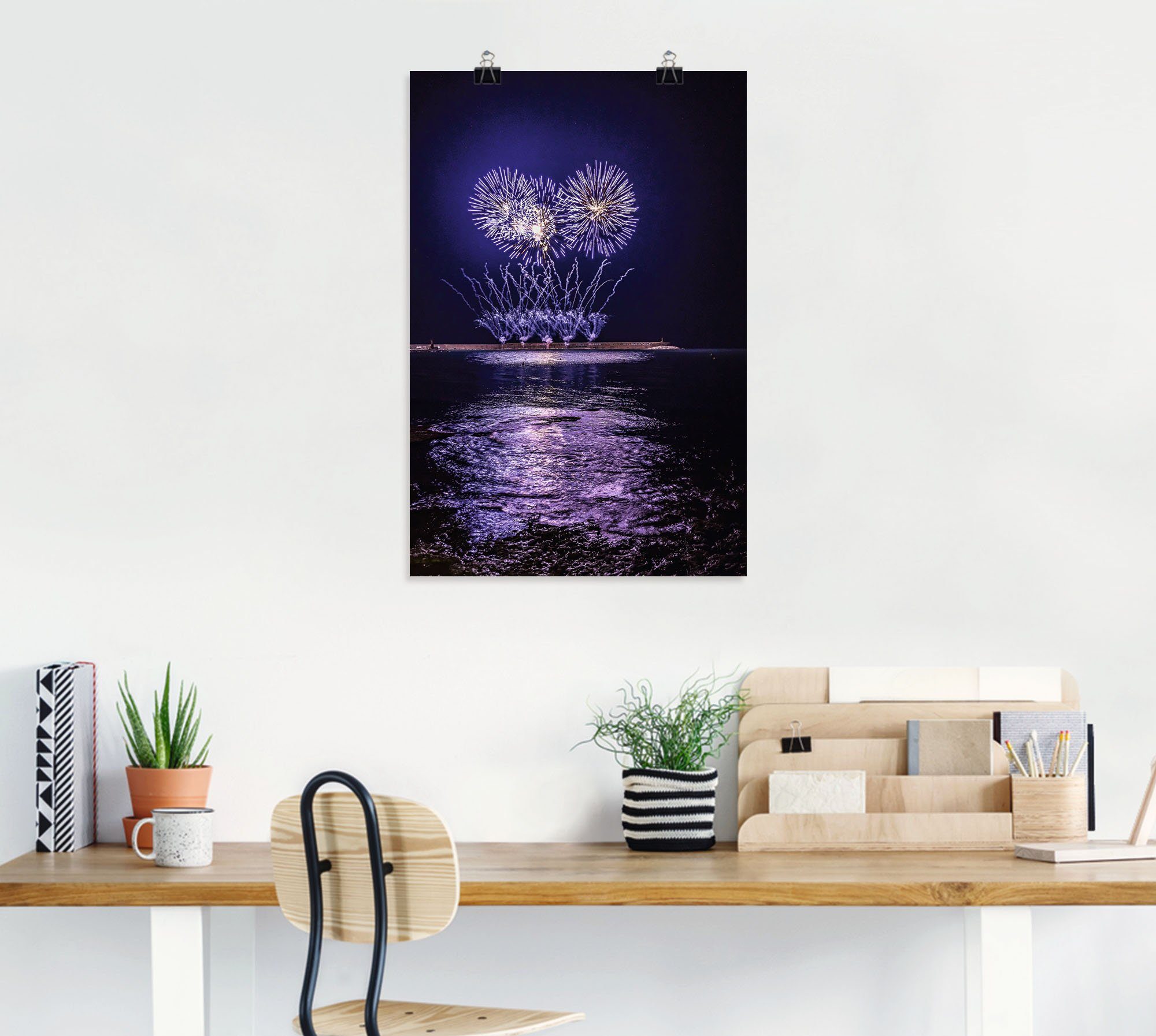 Wandaufkleber Artland Größen Alubild, Neujahr Meer, (1 als Silvester lila Wandbild Leinwandbild, am versch. Poster oder in & St), Feuerwerk