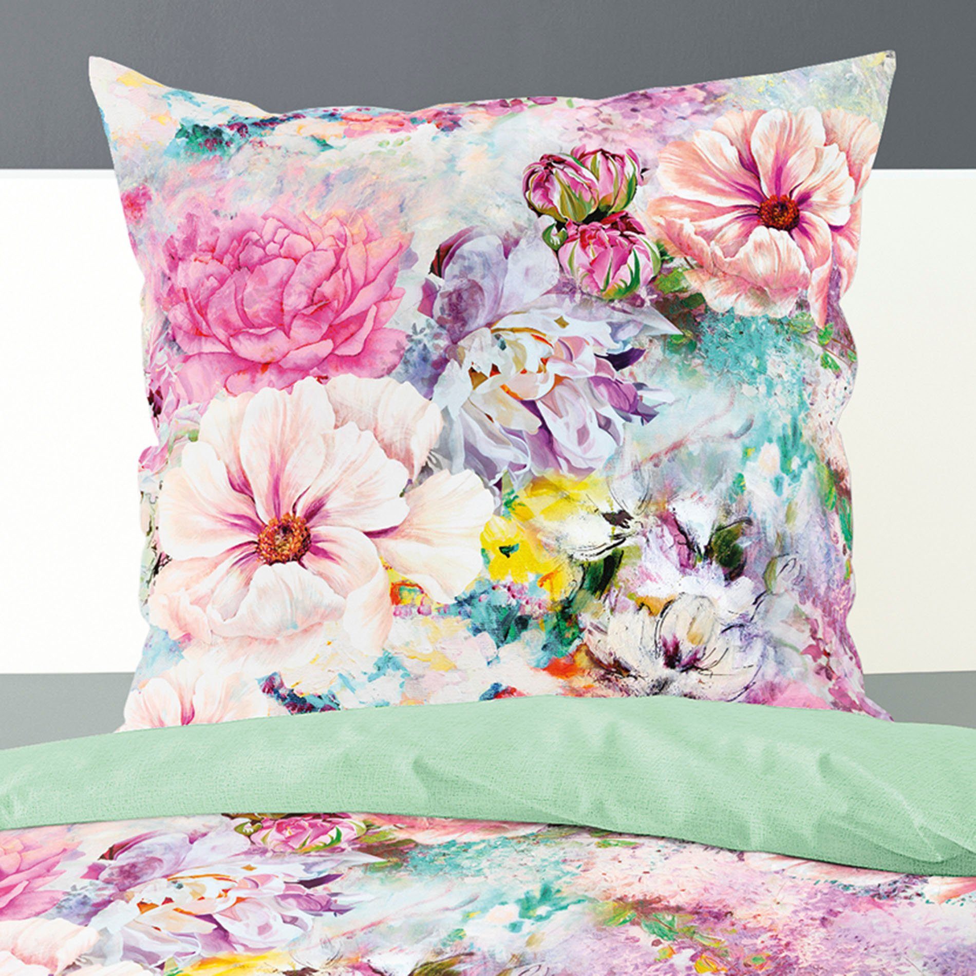 BIERBAUM Wendebettwäsche Colorful Flowers, Mako-Satin, 2 teilig, mit floralem Digitalprint