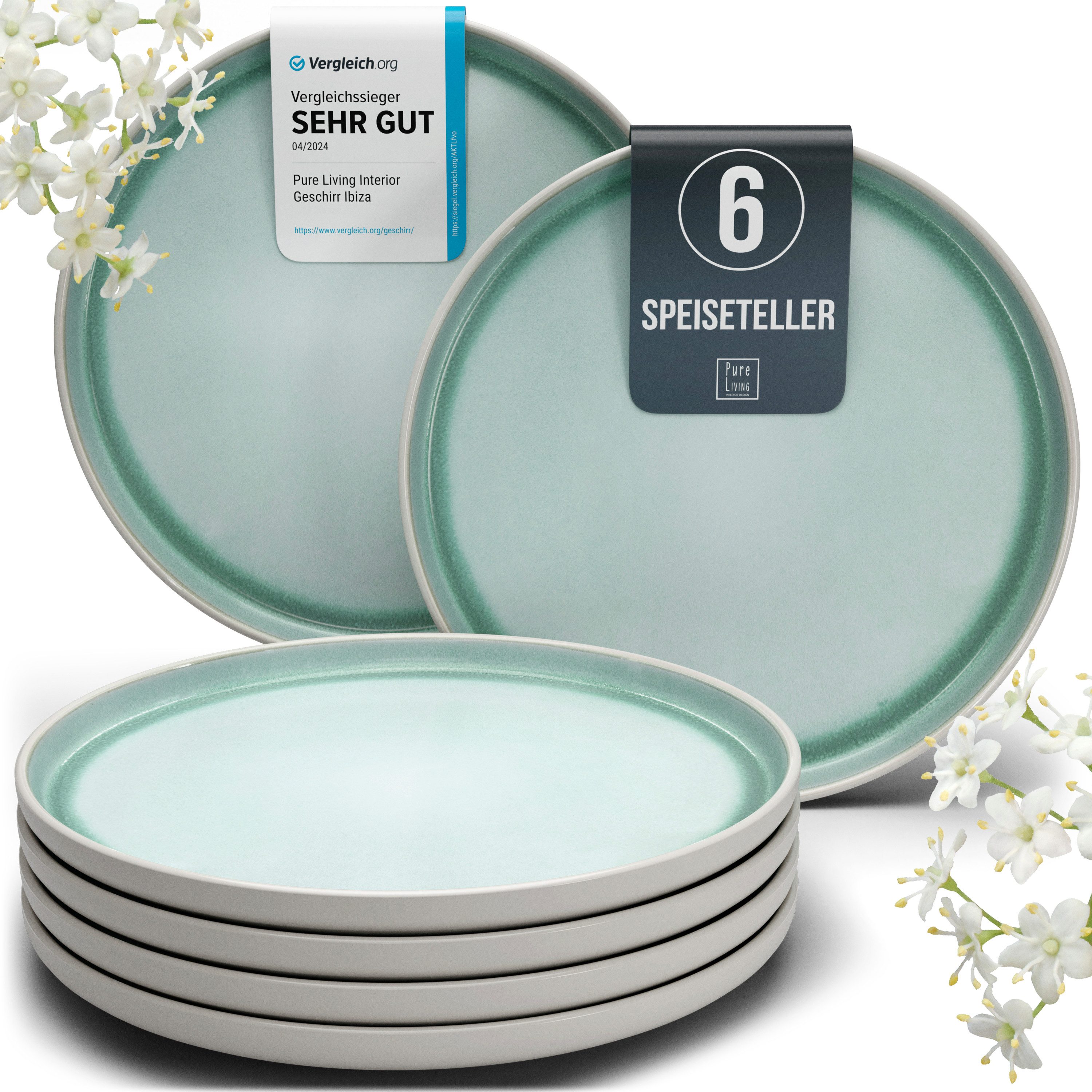 PURE LIVING INTERIOR DESIGN Geschirr-Set Pure Living Speiseteller 6er 26cm »Ibiza«, Steingut, Türkis, 6 Personen, Steingut, Mediterrane Handwerksoptik, Reaktive Glasur – jedes Stück einzigartig…