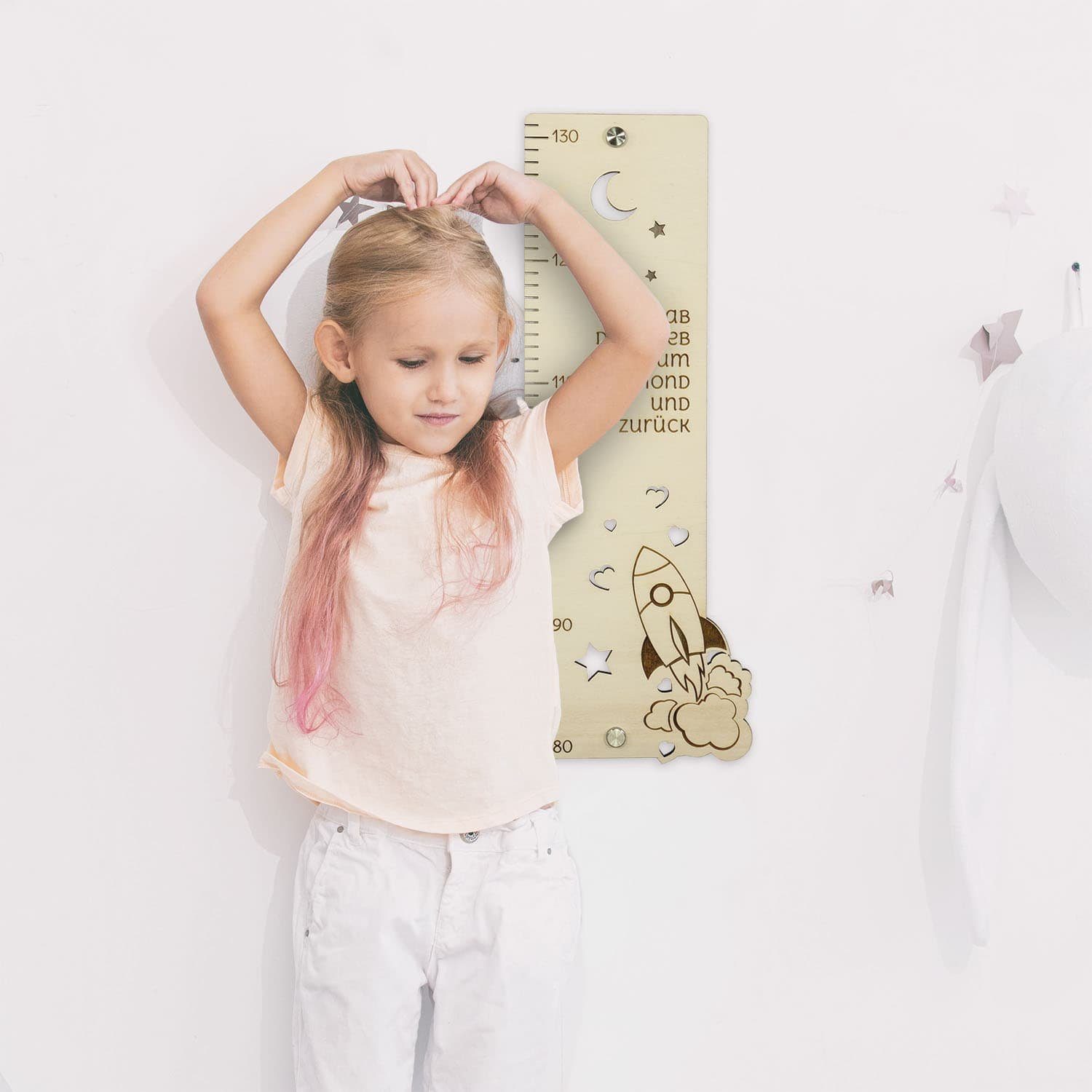 Namofactur Messlatte Kinder Holz Messlatte „Ich hab dich lieb bis zum Mond..” Junge Mädchen, Skala von 80-130 cm, Inkl. Edelstahl Wandhalterung Set