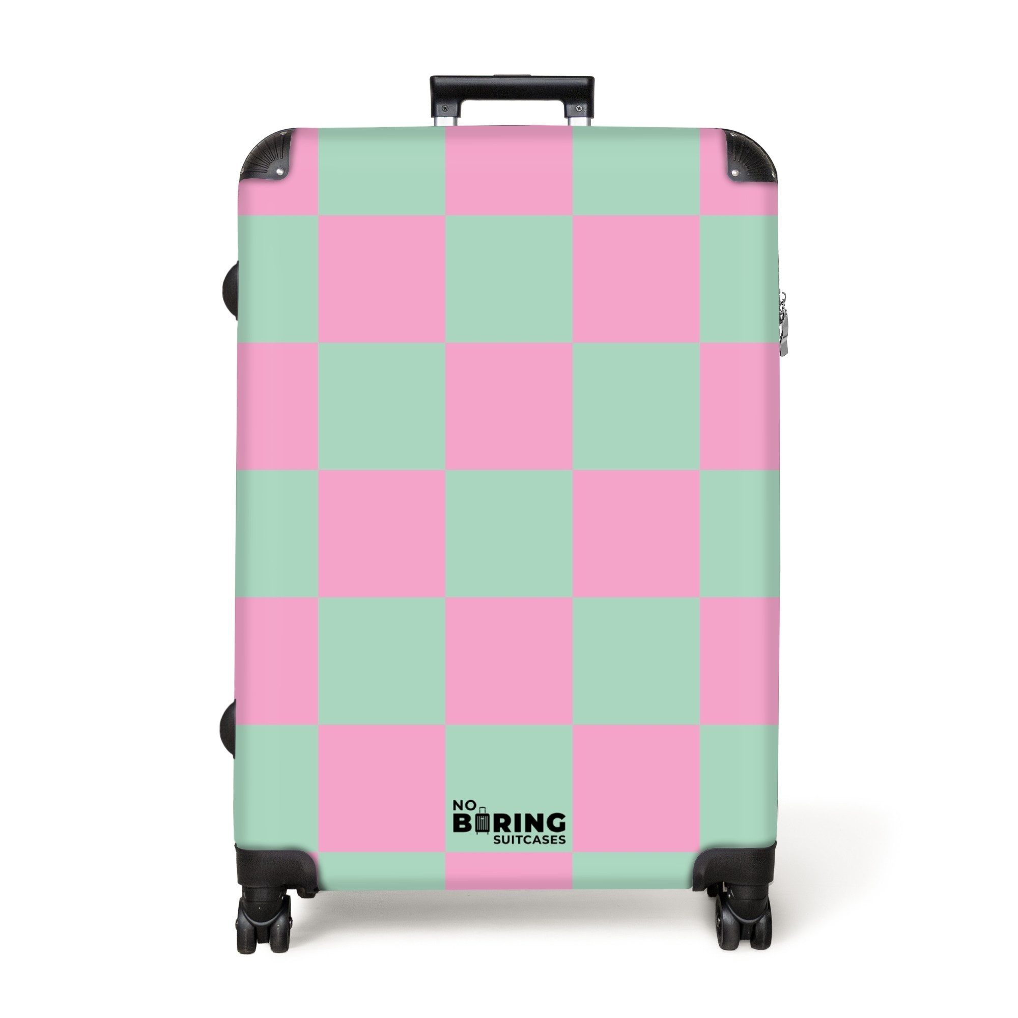 NoBoringSuitcases.com© Hartschalen-Trolley Rosa mit türkisem Schachbrettmus günstig online kaufen