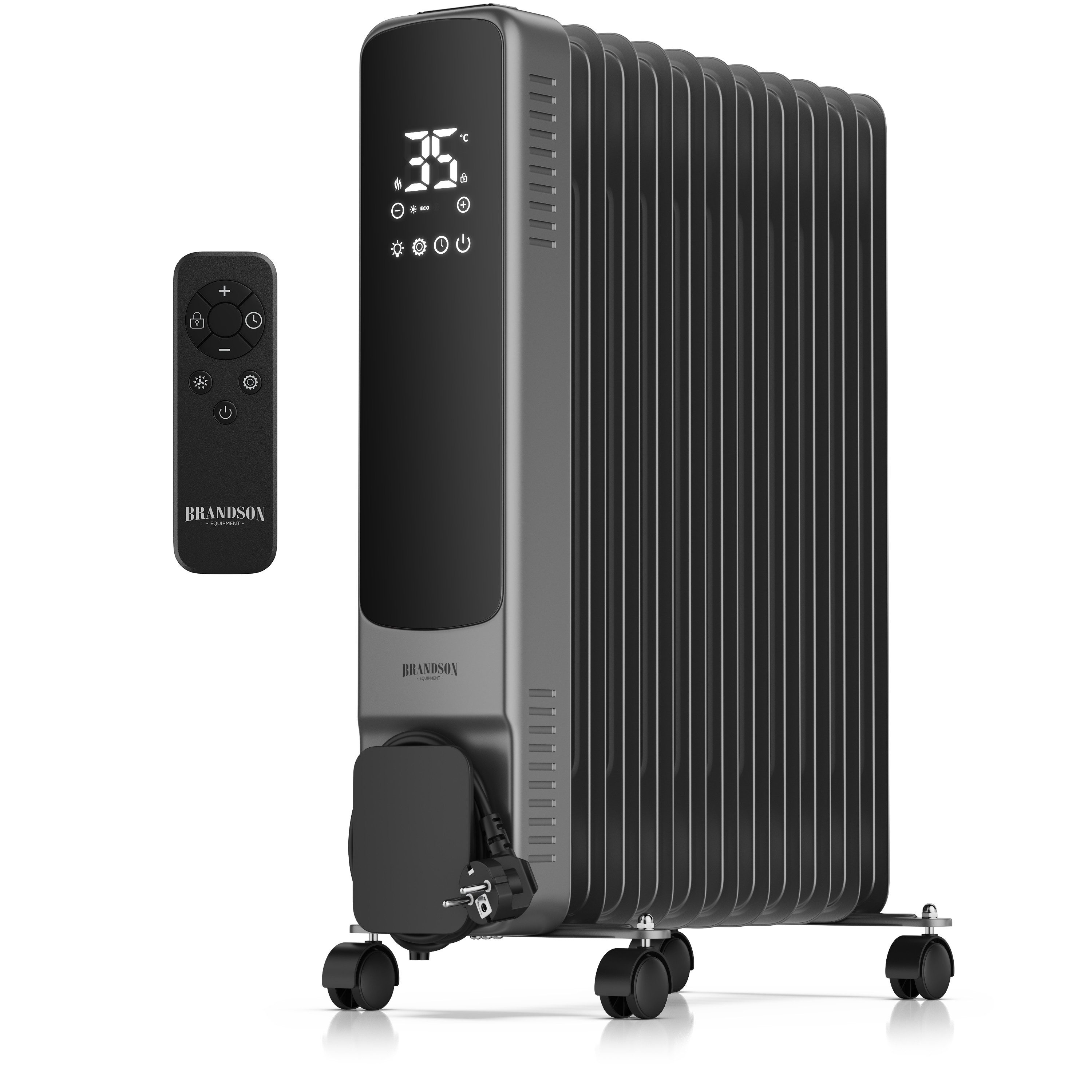 Brandson Ölradiator 11 Rippen, Thermostat 5-35 °C, 24h-Timer, Fernbedienung, Rollen, 2500 W, ECO-Modus 1000 W, Frostschutz, Kippschutz, Kindersicherung