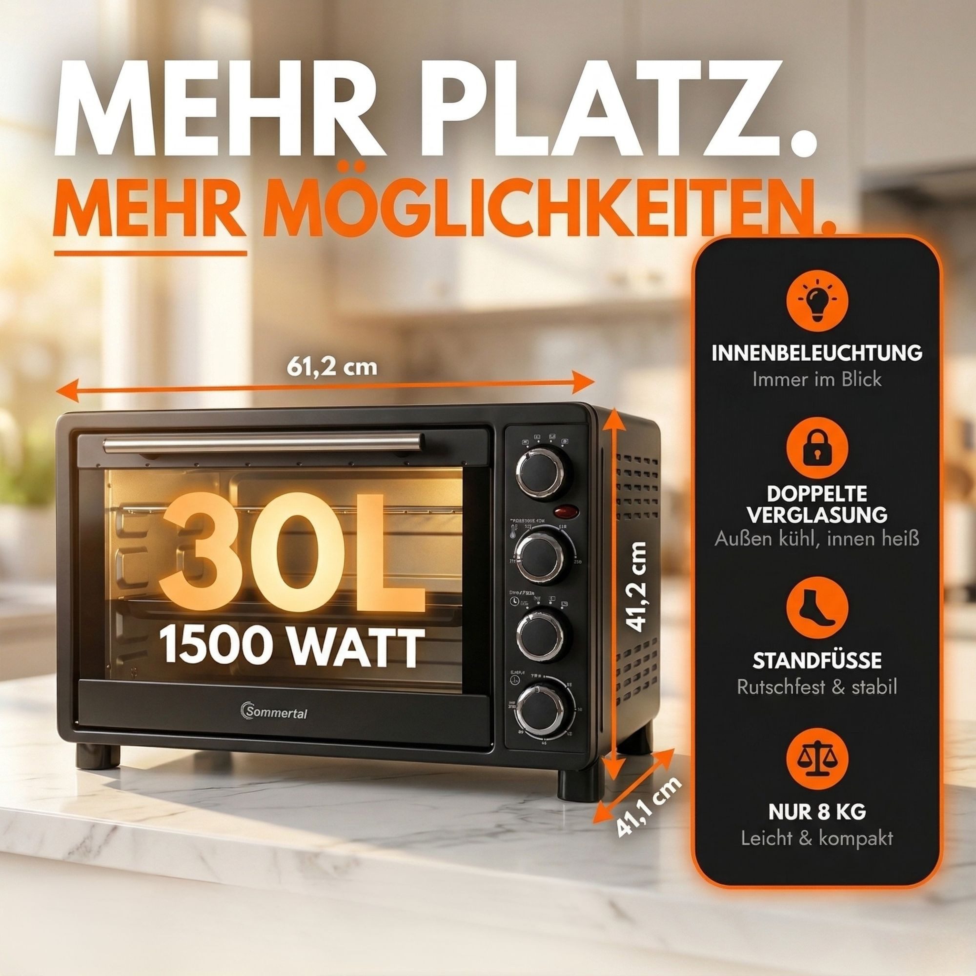 Sommertal Multiofen Sommertal Minibackofen 30 Liter mit Drehspieß & Umluft, 1500W, Hähnchengrill, Backen, Grillen & Pizza, Campingbackofen, inkl. Zubehör – Bild 4 von 5