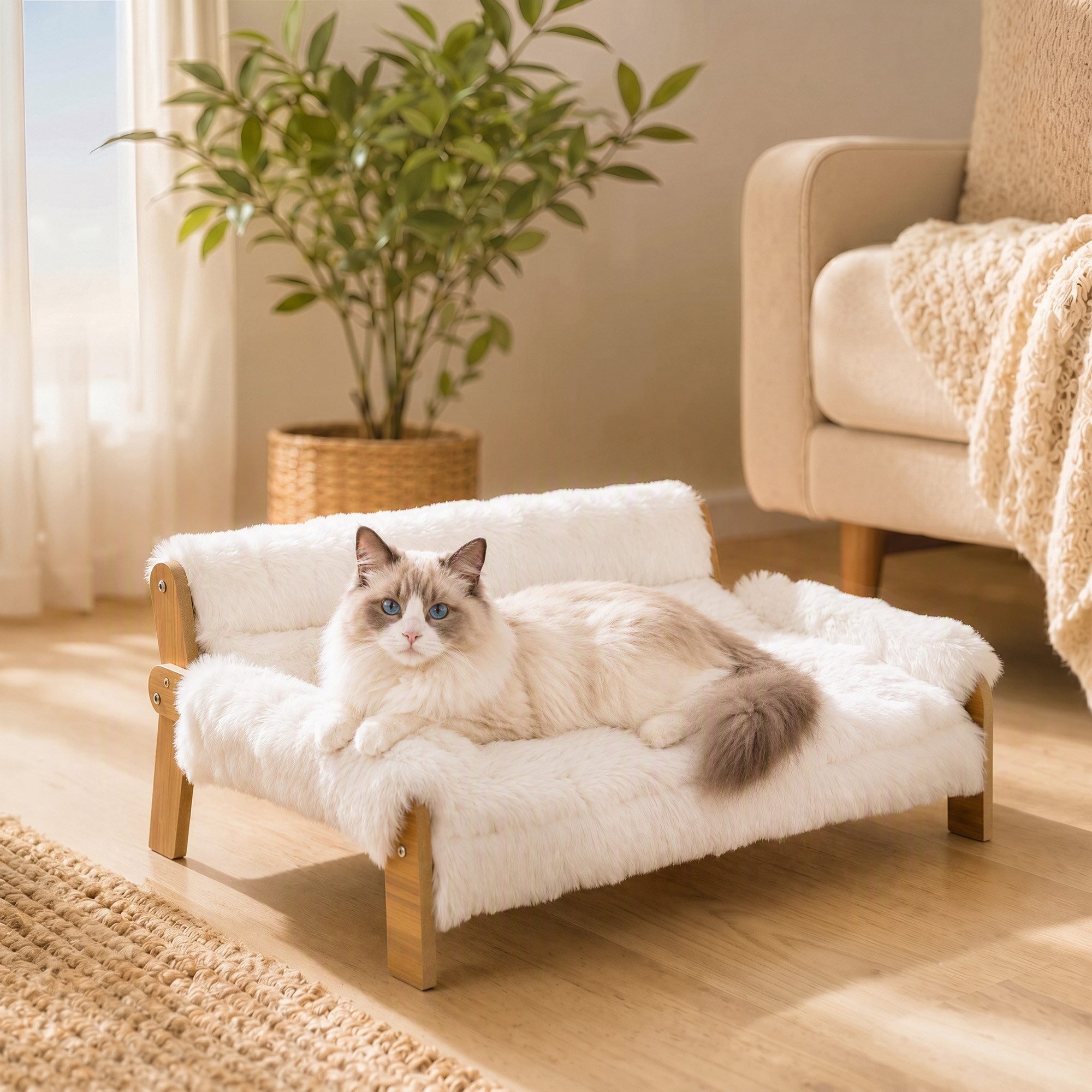 PawHut Tierbett Hundebett mit Holzrahmen, Plüsch, Bezug abnehmbar, erhöht, rutschfeste Füße