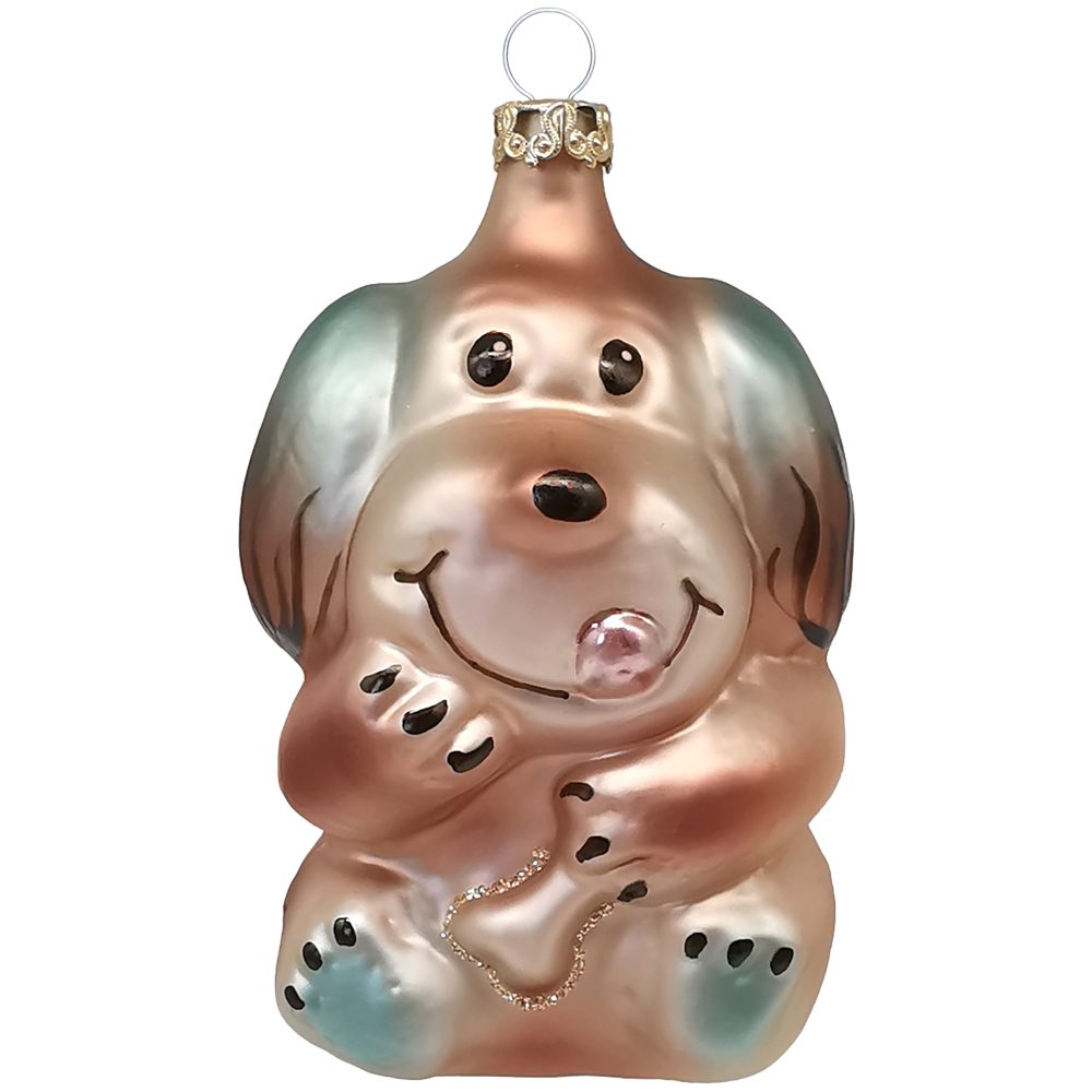 Thüringer Glasdesign Christbaumschmuck Hund mit Knochen 9cm (1-tlg), mundgeblasen, handbemalt