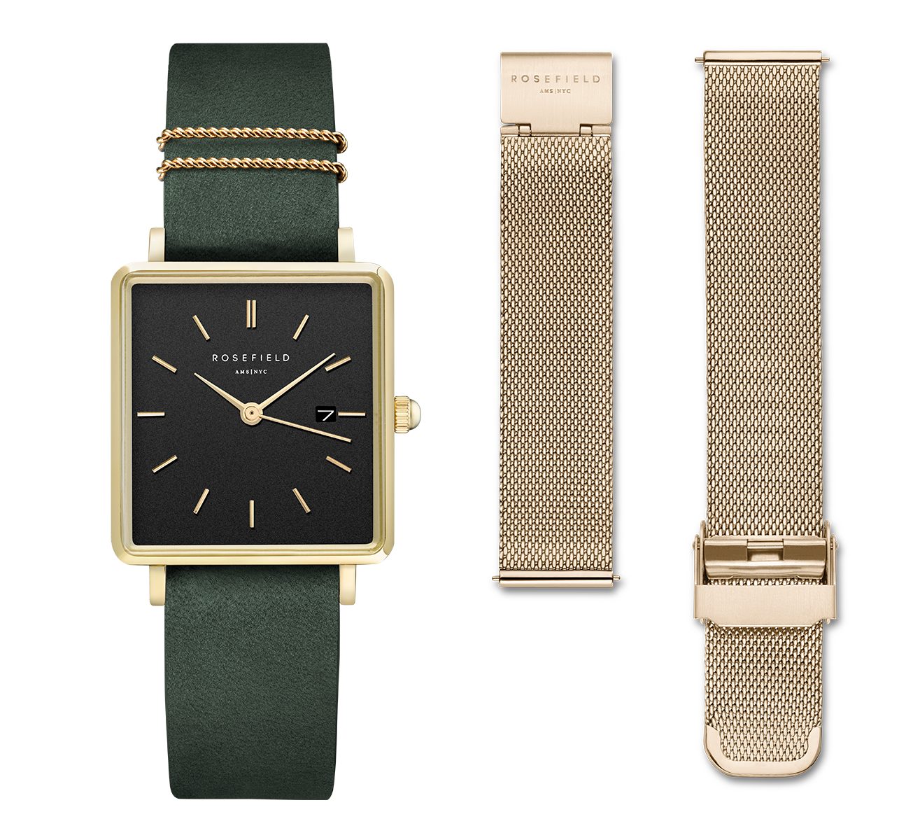 ROSEFIELD Quarzuhr ROSEFIELD Boxy Gift Set Damen Geschenkset 24mm + Mesh-Armband Grün