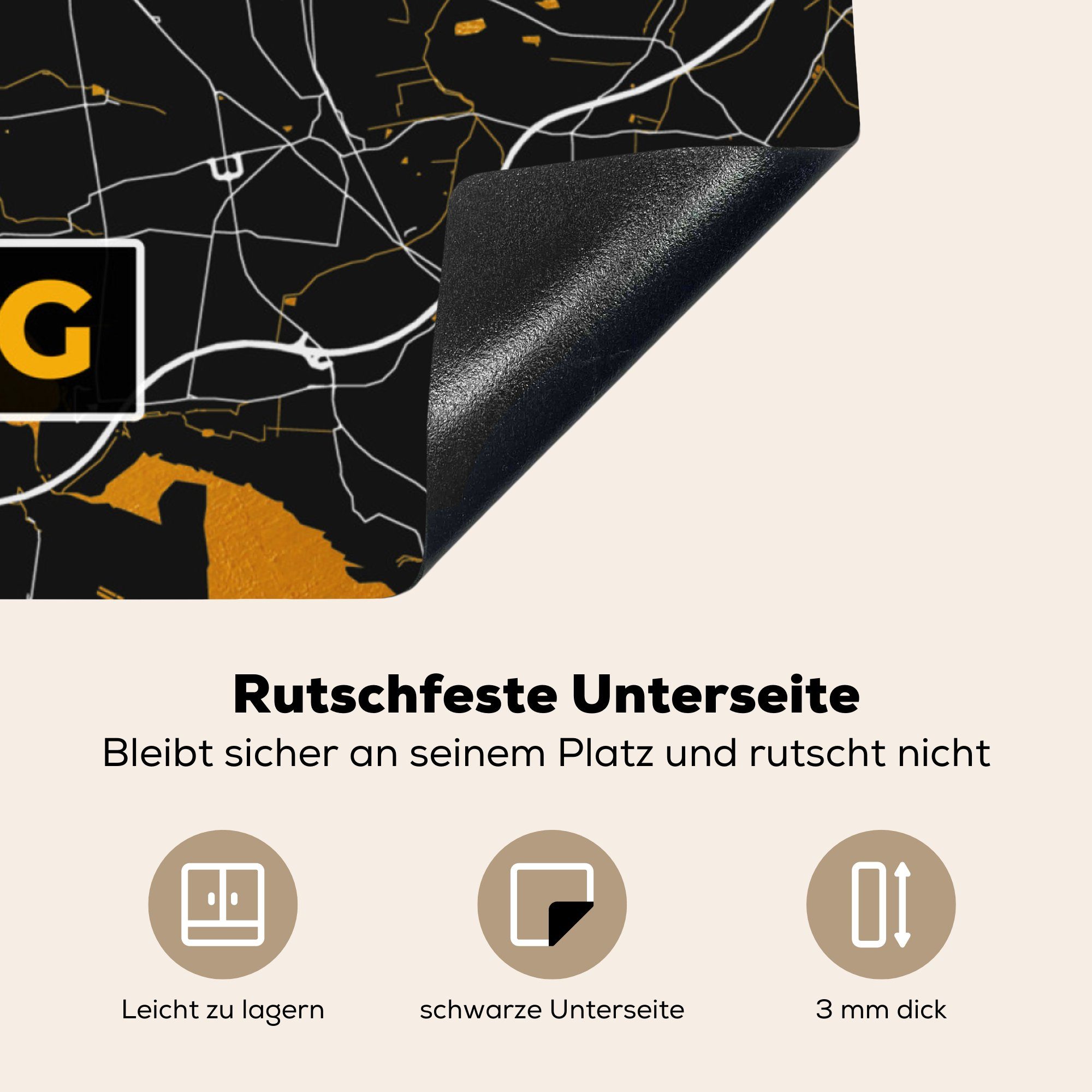 MuchoWow Herdblende-/Abdeckplatte Leipzig - Karte, Deutschland 78x78 Stadtplan cm, Arbeitsplatte - - - küche Vinyl, (1 tlg), für Gold Ceranfeldabdeckung
