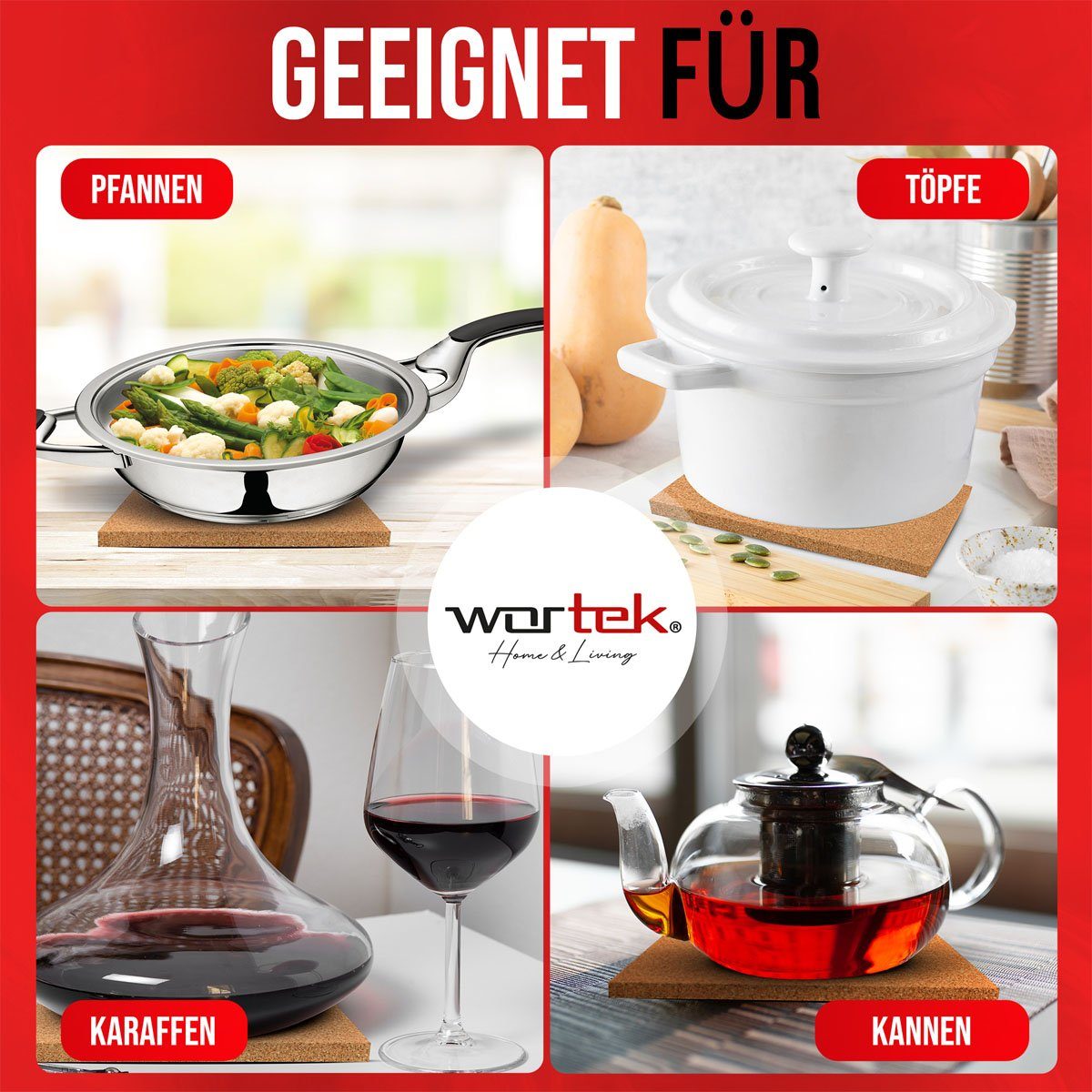 wortek Topfuntersetzer Kork Untersetzer Pfannen Töpfe Teller Gläser Unterlage, Zubehör für Töpfe und Pfannen und Teller und Vasen & Co, Set, 4-tlg., eckig – Bild 3 von 5