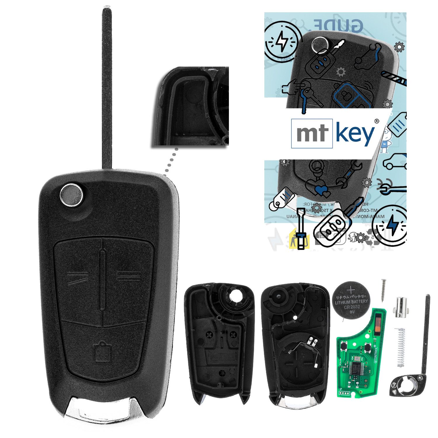 mt-key Schlüsseltasche 3 Tasten Auto Funk Klappschlüssel Fernbedienung 434MHZ (Set), für Opel Signum (03–07), Vectra C (03–08), Zafira B (06–13)