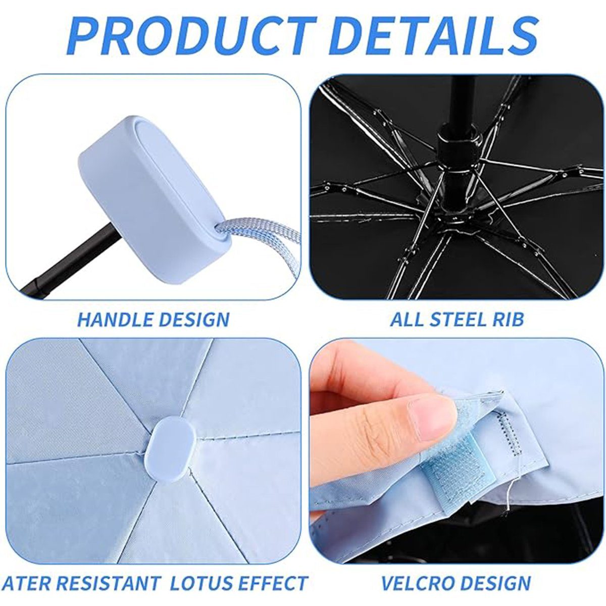 XDeer Taschenregenschirm Taschenschirm Regenschirm Blau Rippen Klein Schutz Ultraleicht, Faltbar UV 6 Mini Regenschirm Taschenregenschirm Sturmfest
