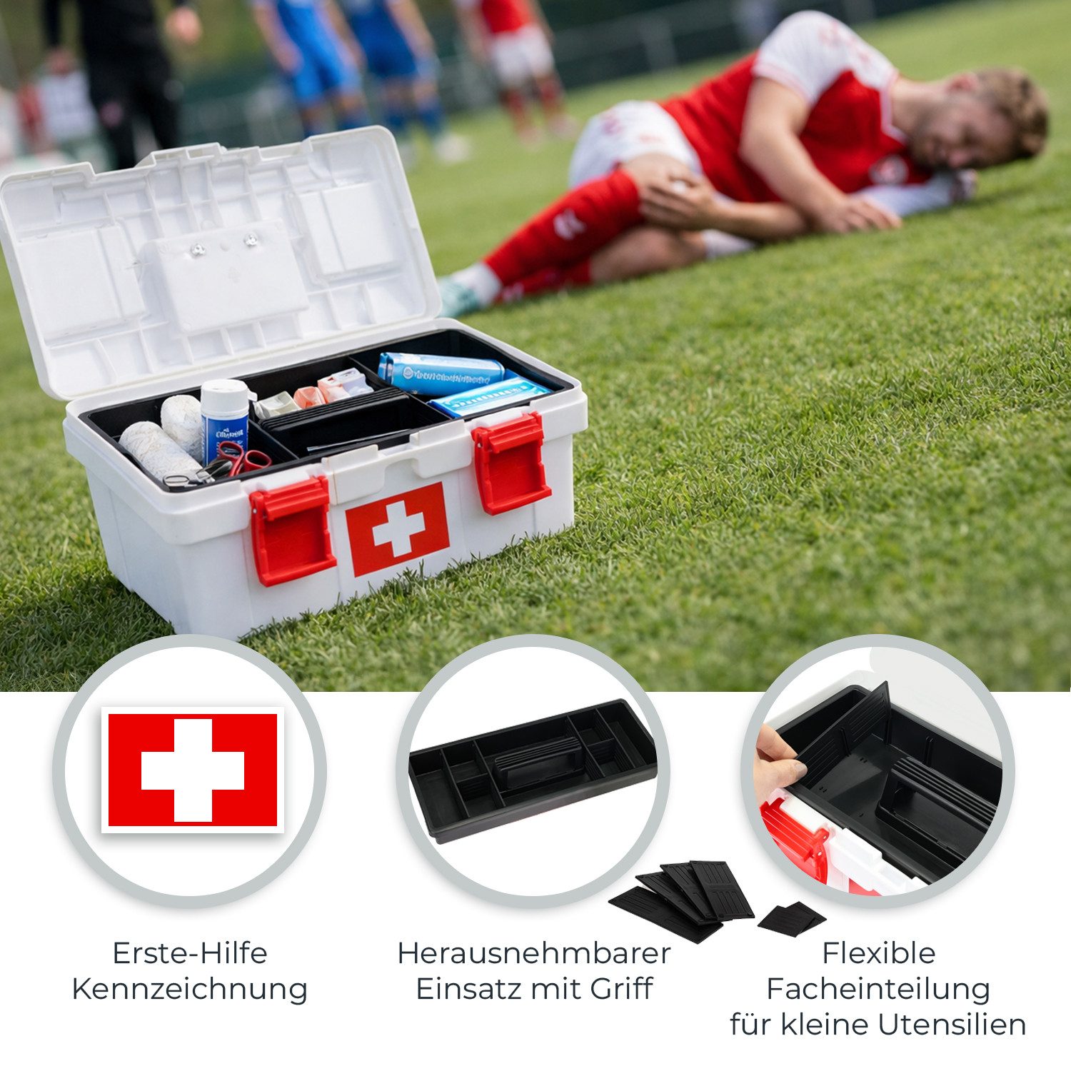 HMF Erste-Hilfe-Koffer Erste Hilfe Kasten zur Medikamenten Aufbewahrung, Medizinbox, leer für Sportverein, Betrieb oder Zuhause, 37 x 20 x 18,5 cm Weiß-Rot – Bild 3 von 5