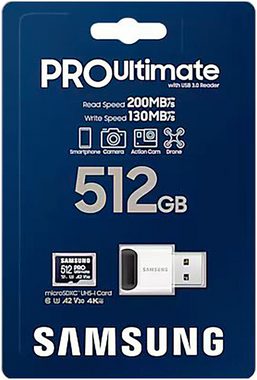 Samsung PRO Ultimate MicroSD UHS-I 512 GB Speicherkarte (512 GB, Video Speed Class 30 (V30)/UHS Speed Class 3 (U3), 200 MB/s Lesegeschwindigkeit)