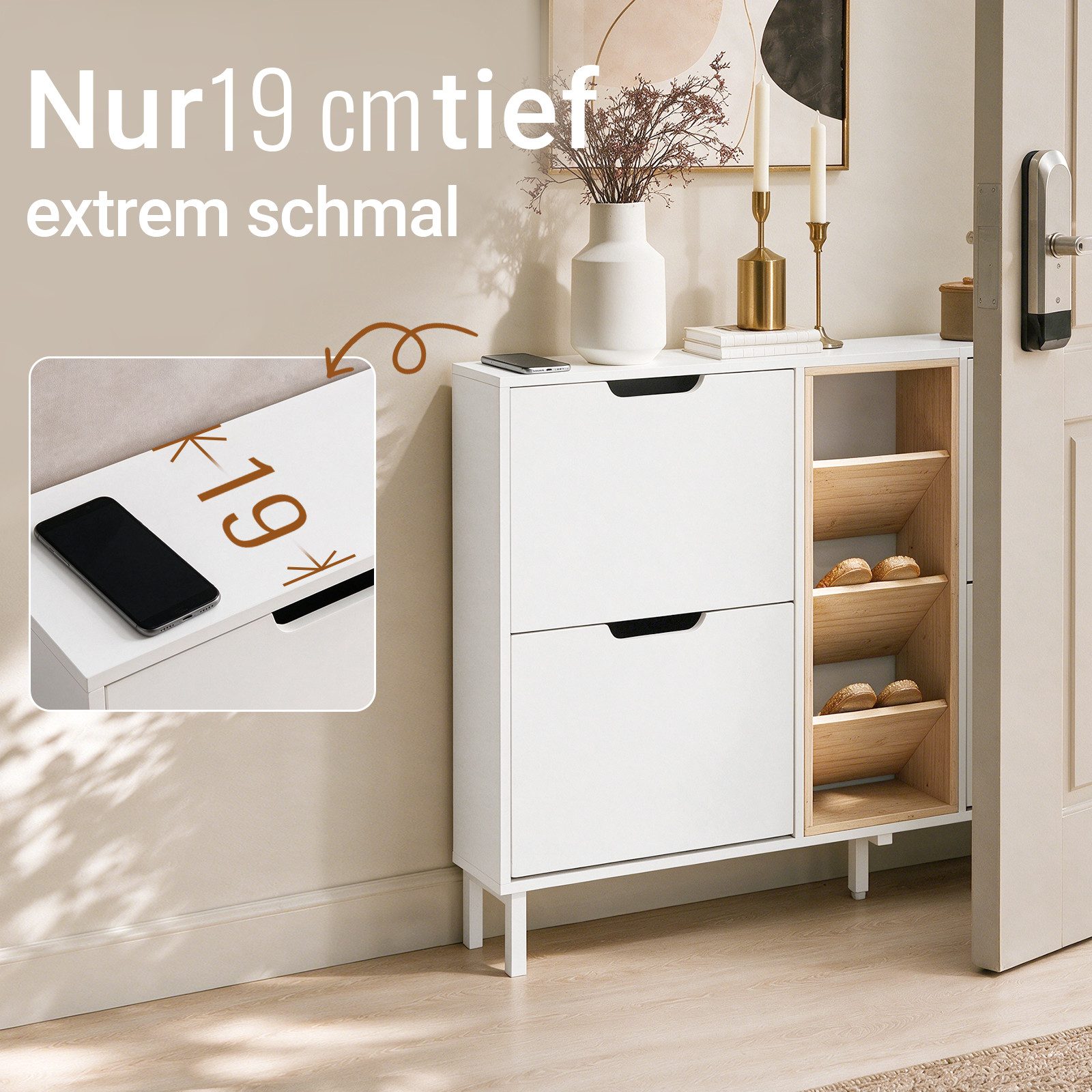 SoBuy Schuhkipper FSR183, Schuhschrank schmal, Flurschrank Schuhregal Schuhkommode Weiß, Schuhkipper, nur 19 cm tief, 4 Klappen & offene Fächer, Bambus-Holz