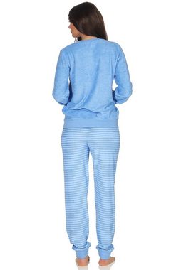 Normann Pyjama Damen Frottee Schlafanzug mit Bündchen und süsser Tier Applikation