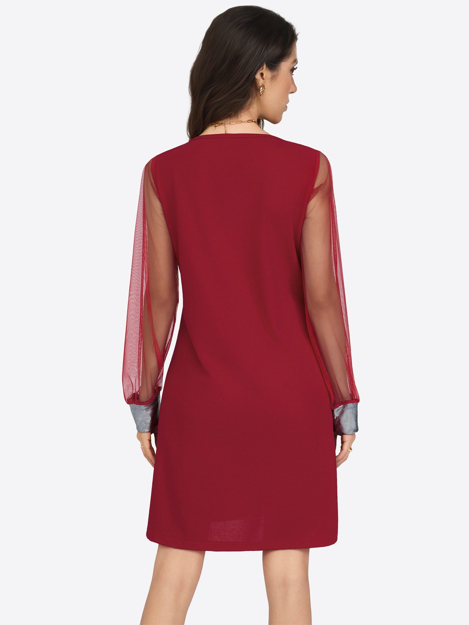 Imily Bela Cocktailkleid Damen Partykleid mit Netz-Ärmeln und Pailletten-Manschetten (Packung, 1-tlg., 1per-Pack) Muschelkragen-V-Ausschnitt