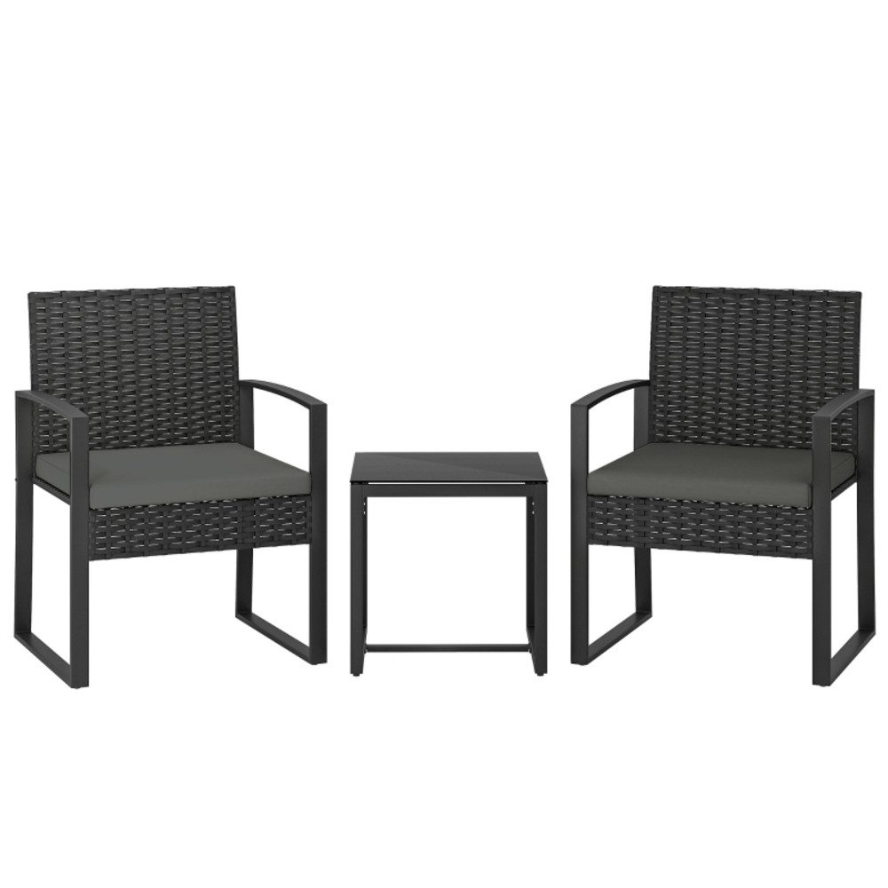 REDOM Sitzgruppe Zwei Sitzstühle und kleiner Tisch mit herausnehmbaren Sitzkissen, (Set, 3-tlg., Gemütliches Bistromöbel für entspannte Stunden im Freien), 55x58x76cm, Dunkelgraues Rattan Gartenmöbel Set mit drei Einzelteilen