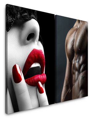 Sinus Art Leinwandbild 2 Bilder je 60x90cm Akt Sixpack Rote Lippen Erotisch Anziehend Sexy Mann