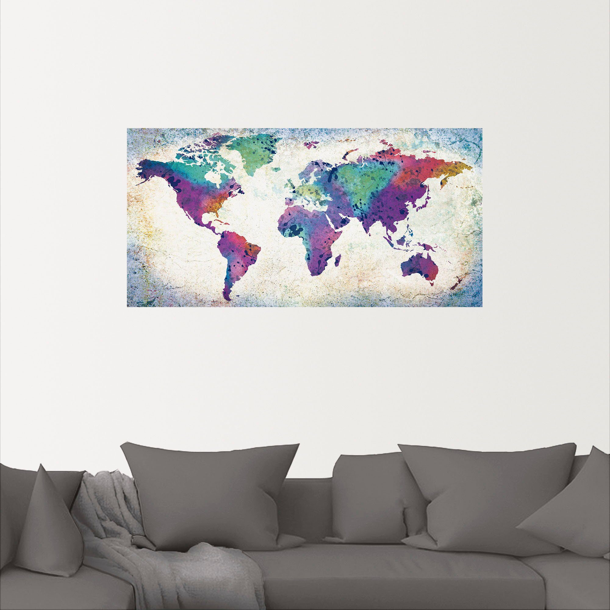 Wandaufkleber Größen Weltkarte, St), Land- als Alubild, versch. oder (1 Wandbild & Artland Weltkarten in Poster bunte Leinwandbild,