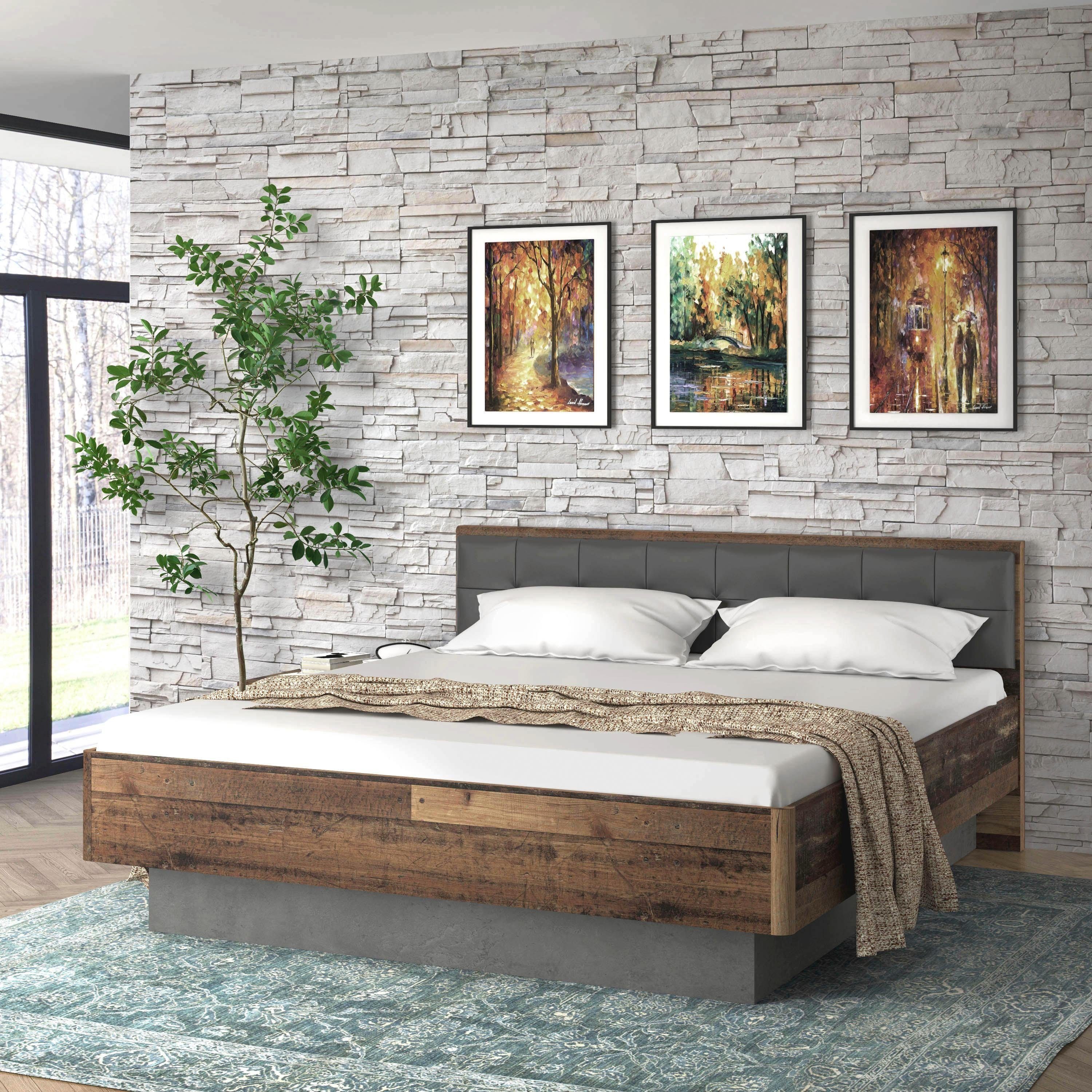 FORTE Futonbett Clif, Bettanlage, Old – Wood Vintage, Betonoptik Dunkelgrau (Liegefläche 180x200cm), mit gepolstertem Kopfteil aus Kunstleder, bis 220KG belastbar