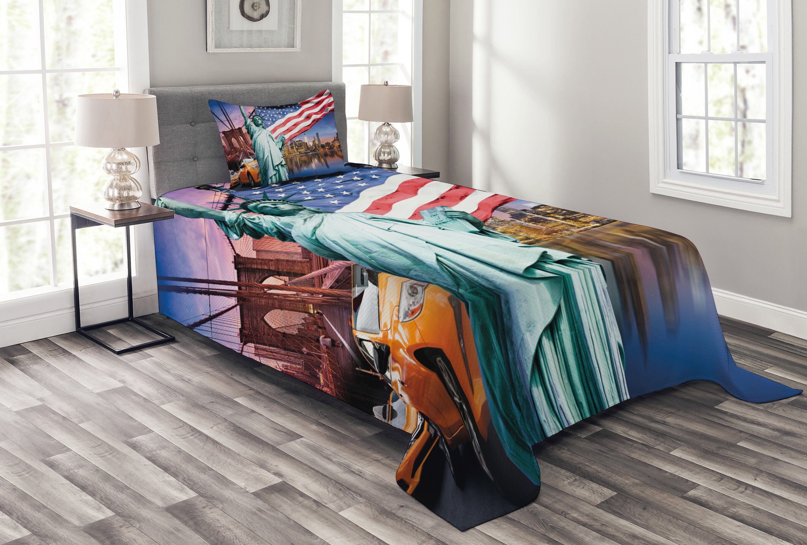 Tagesdecke Set mit Kissenbezügen Waschbar, Staaten Touristic USA Abakuhaus, Vereinigte Konzept