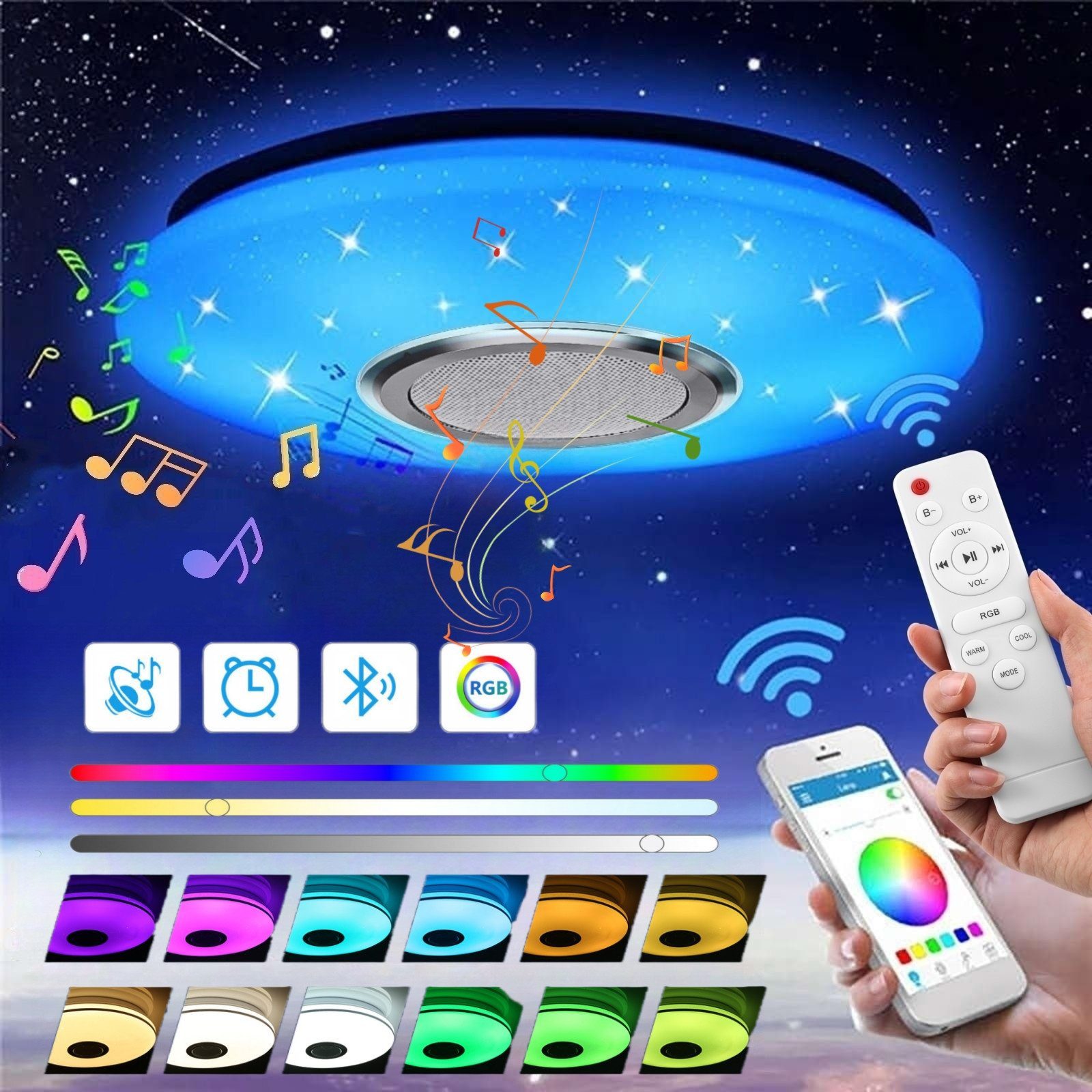LETGOSPT Deckenleuchte LED Deckenlampe, mit Bluetooth Lautsprecher, RGB, Fernbedienung, APP, LED fest integriert, RGB, Tageslichtweiß, LED Deckenleuchte,Ø 30cm,für Badezimmer Schlafzimmer Wohnzimmer