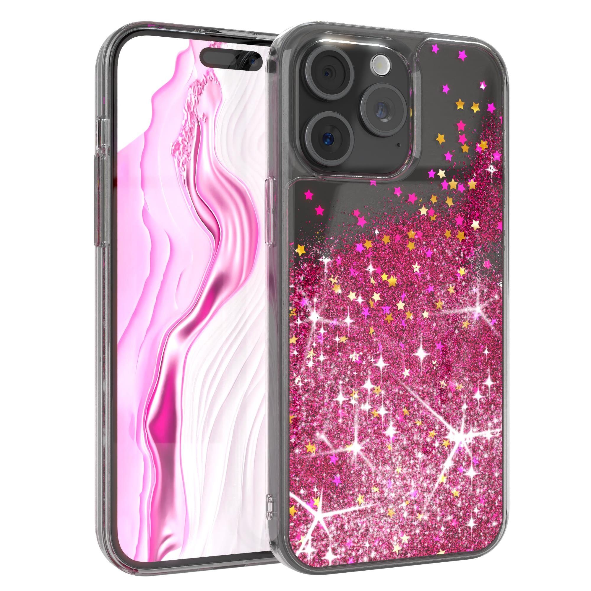 EAZY CASE Handyhülle Liquid Glittery Case für Apple iPhone 15 Pro Max 6,7 Zoll, Glitzerhülle Shiny Slimcover stoßfest Durchsichtig Bumper Case Pink
