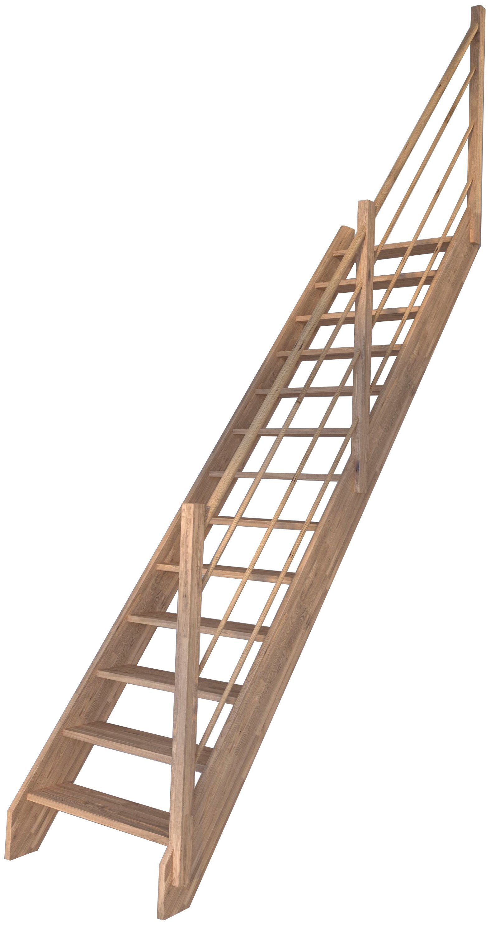 Starwood Raumspartreppe Massivholz Rhodos, Holz-Holz Design Geländer Rechts, für Geschosshöhen bis 300 cm, Stufen offen, Durchgehende Wangenteile