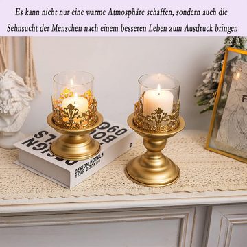 DOPWii Kerzenständer Retro-Kerzenhalter aus Eisen, leichter Luxus-Kerzenbecher aus Glas, geeignet für Tischdekoration, Hochzeitsdekoration, Gold, 10,3 x 15 cm