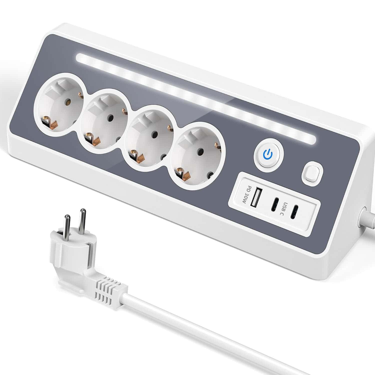 ibettertec Mehrfachsteckdose Eck-Steckdosenleiste PD-Schnellaufladung 7 Fach Steckdosenleiste 7-fach (Schalterbeleuchtung, 3680W 16A,USB PD 30W, Ein- / Ausschalter, USB-Anschlüsse, Überlastschutz, Überspannungsschutz, Blitzschutz, Kurzsichlussschutz, Kinderschutz), mit USB und 2 Type-C,für Küche Büro Schlafzimmer Wohnzimmer