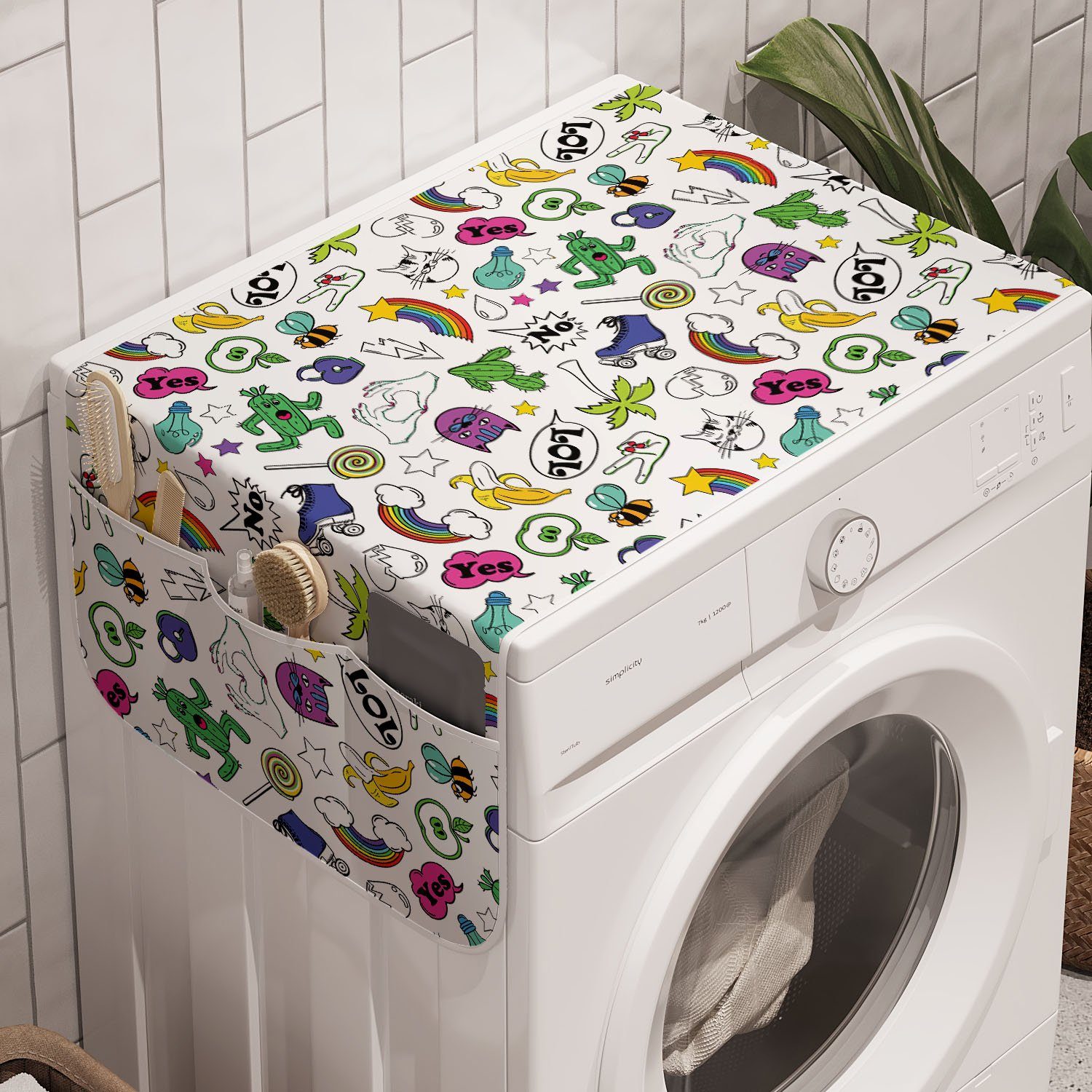 Abakuhaus und 80er Set emoji Bunte Trockner, für Comic Anti-Rutsch-Stoffabdeckung Badorganizer Waschmaschine