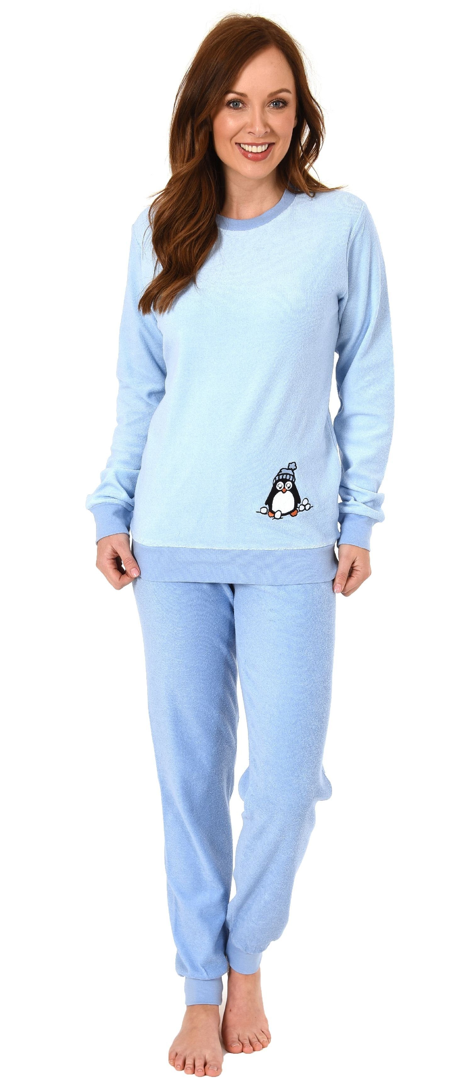 Normann Pyjama Damen Frottee Pyjama langarm mit Bündchen und süßem Pinguin Motiv hellblau