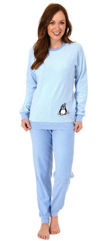 Normann Pyjama Damen Frottee Pyjama langarm mit Bündchen und süßem Pinguin Motiv