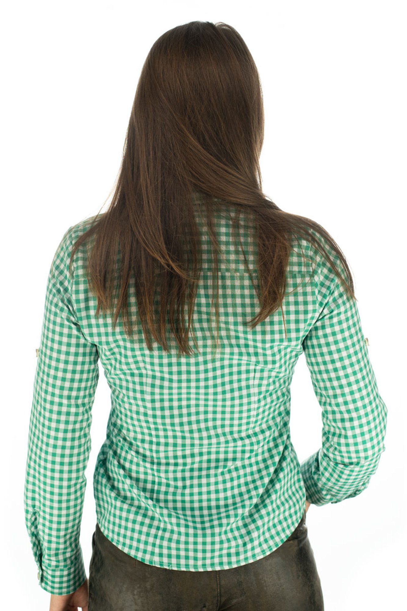 OS-Trachten auf mit trachtengrün Qorru Taillierte Trachtenbluse der Brust Langarmbluse Hirsch-Stickerei