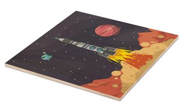Posterlounge Holzbild Kidz Collection, Raketenstart aus dem Weltall, Kinderzimmer Illustration