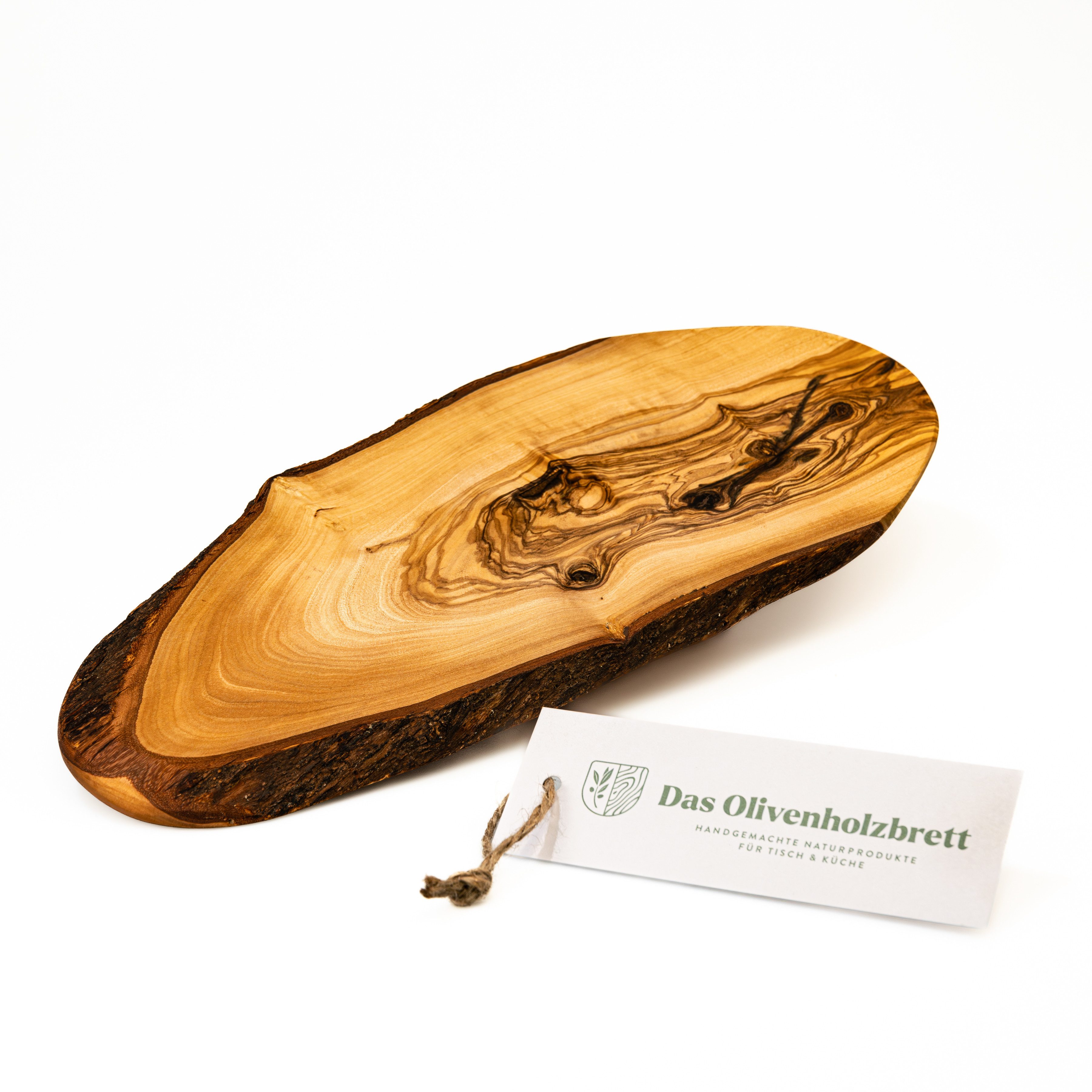 dasOlivenholzbrett Käsebrett Rustikales Servierbrett aus Olivenholz im Baumschnitt mit Rindenanteil, 25