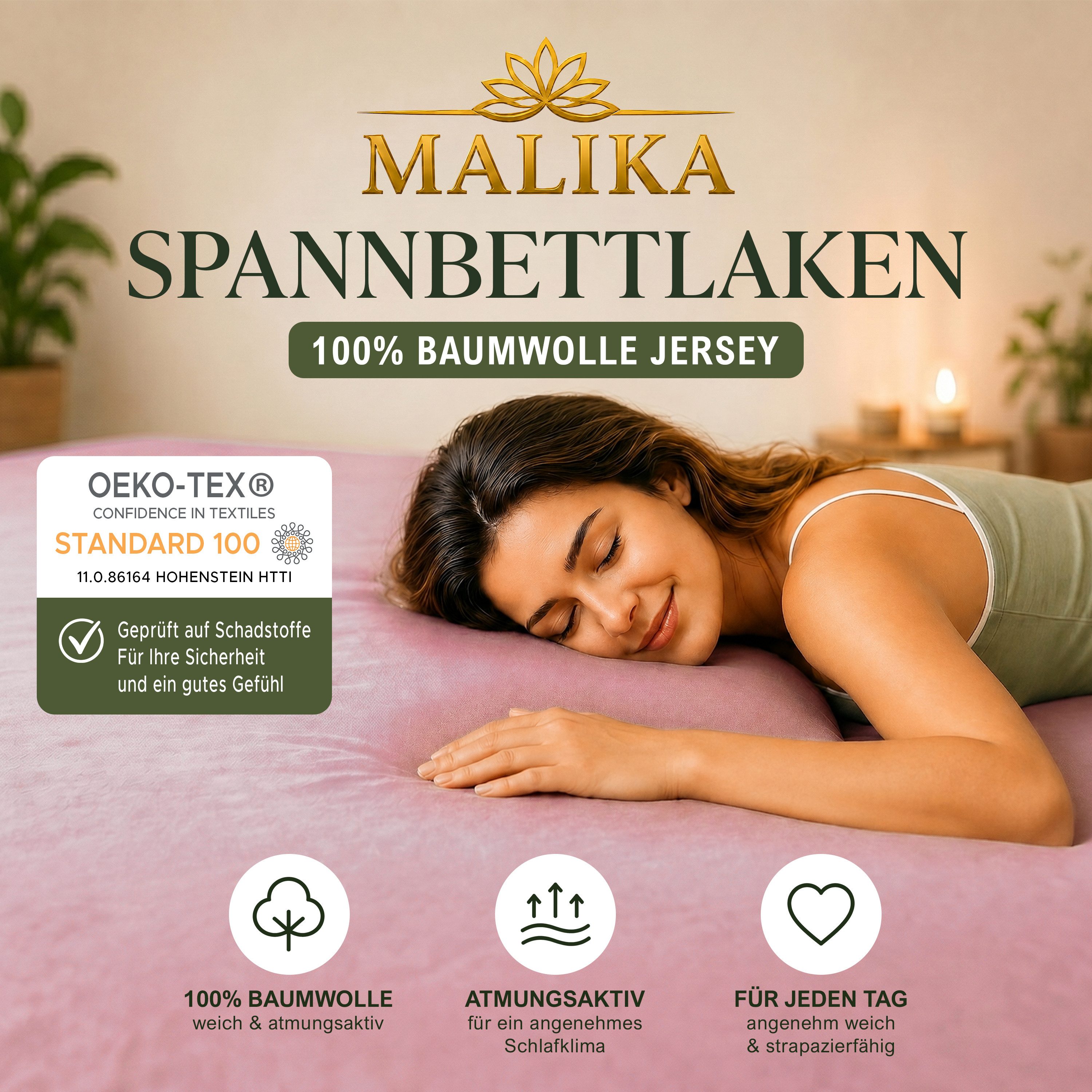 Malika Spannbettlaken Baumwolle weiches Ganzjahres-Spannbetttuch, Jersey Baumwolle, Gummizug: Ja, (2 Stück), Allergikergeeignet, Pflegeleicht und Atmungsaktiv – Bild 3 von 5